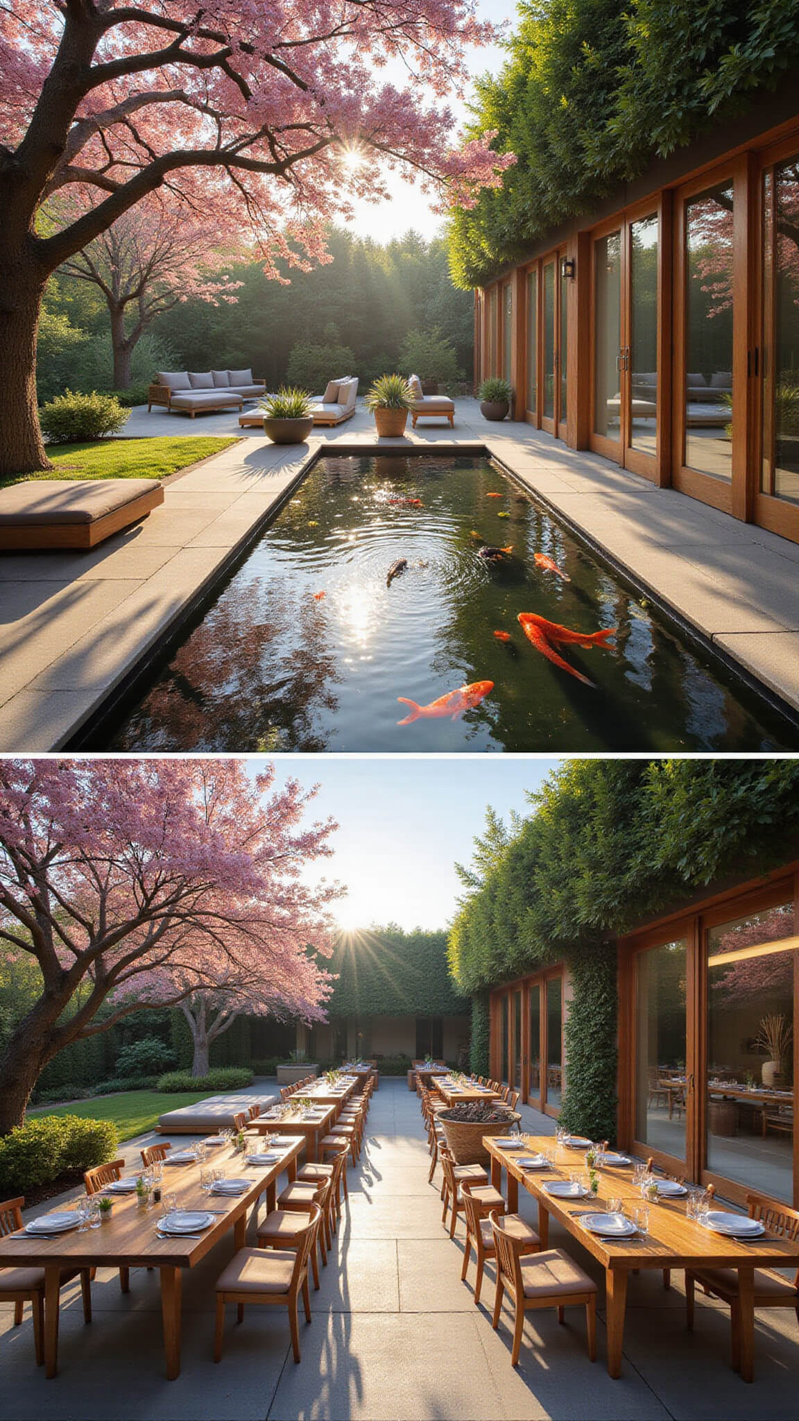 Panoramic view of a serene indoor-outdoor dining space with floor-to-ceiling glass doors, a koi pond centerpiece, minimalist indoor tables, relaxed outdoor seating, and a blooming sakura tree under soft natural and accent lighting.