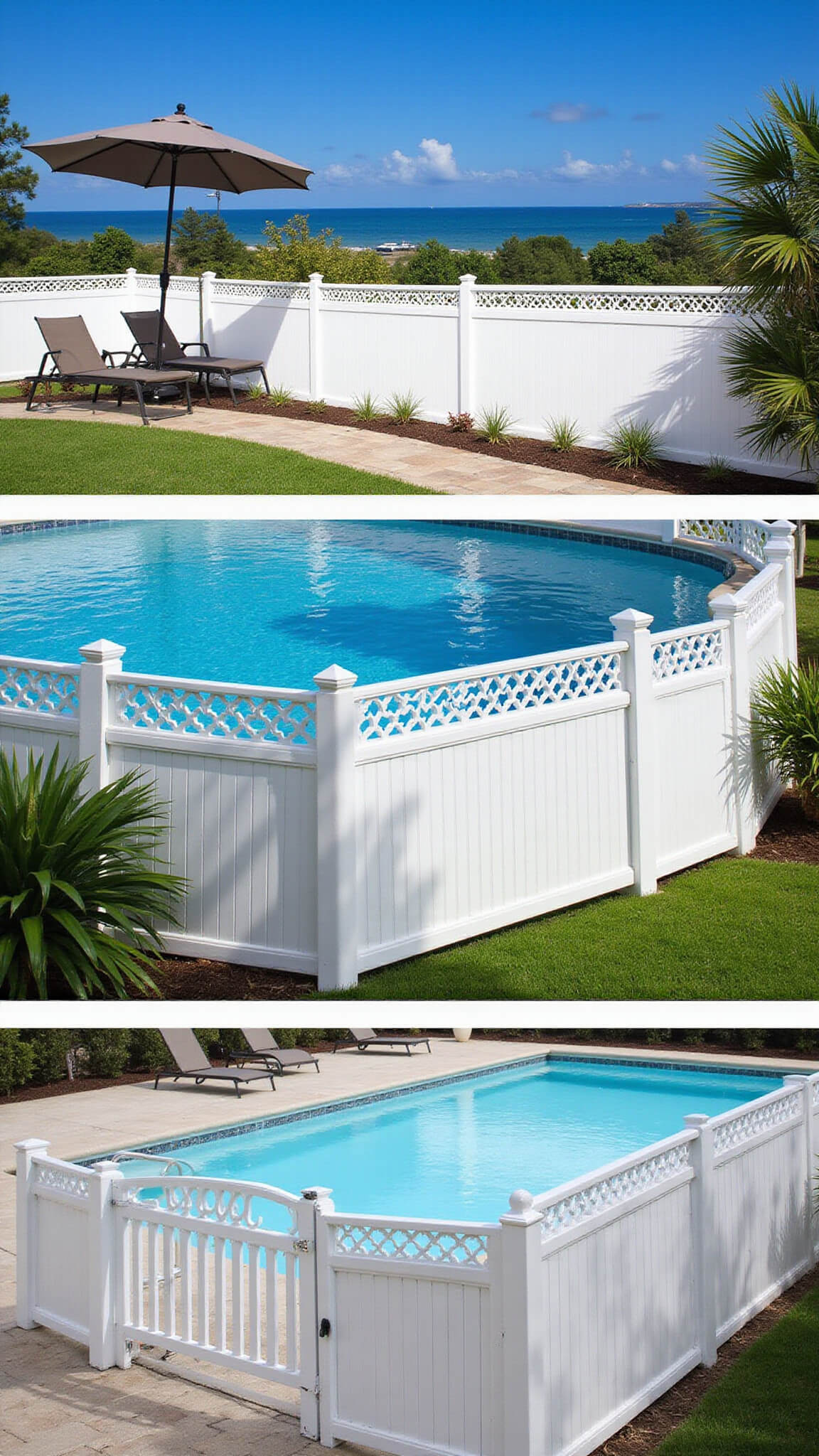 Elegant pool area with white vinyl fence featuring lattice top, self-closing gates, modern lounge chairs, and tropical plants under bright midday sun.
