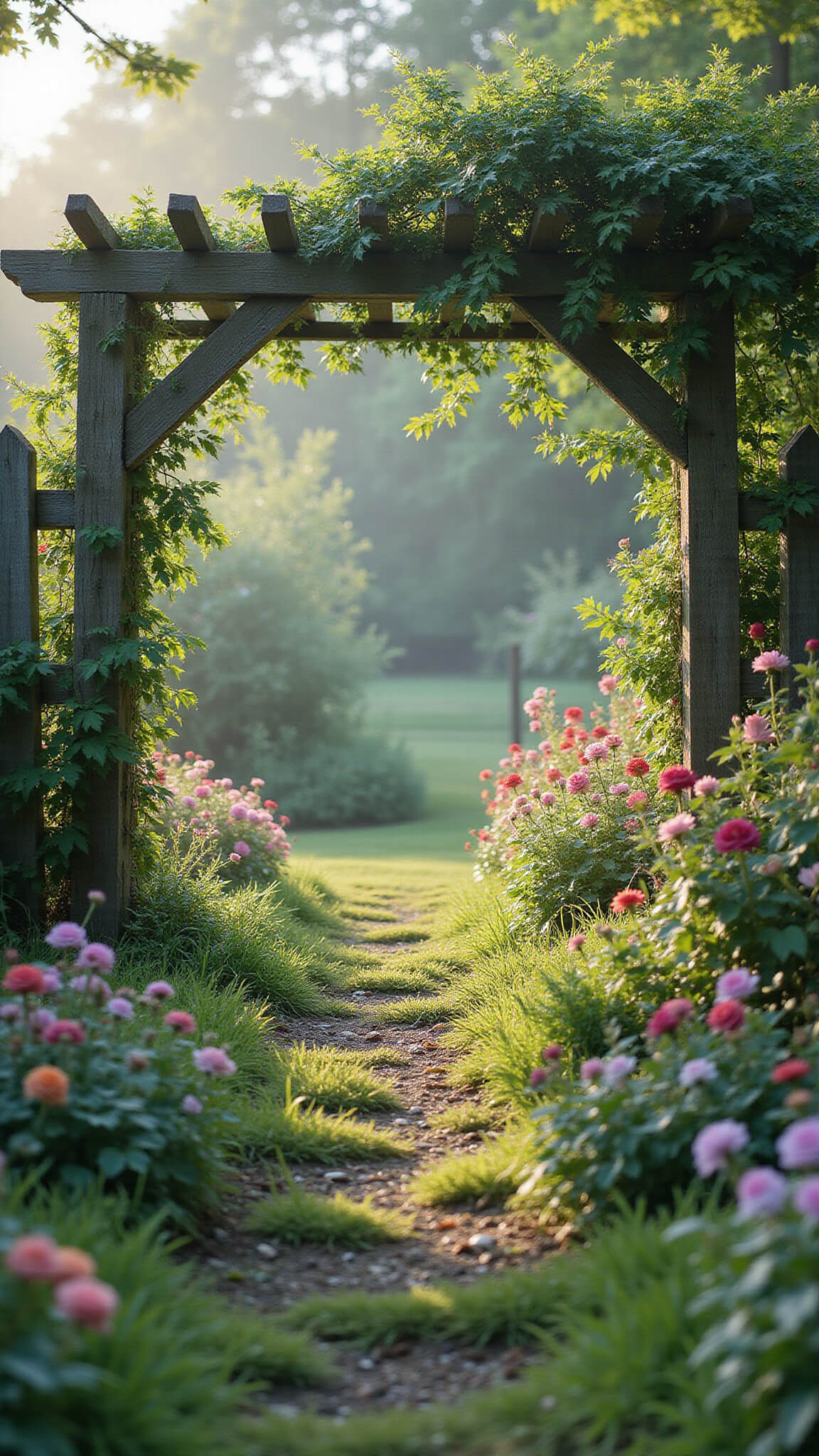 Low-angle view of a mint green picket fence winding through a dewy cottage garden with colorful wildflowers, climbing roses, and a whimsical arbor in soft morning mist.