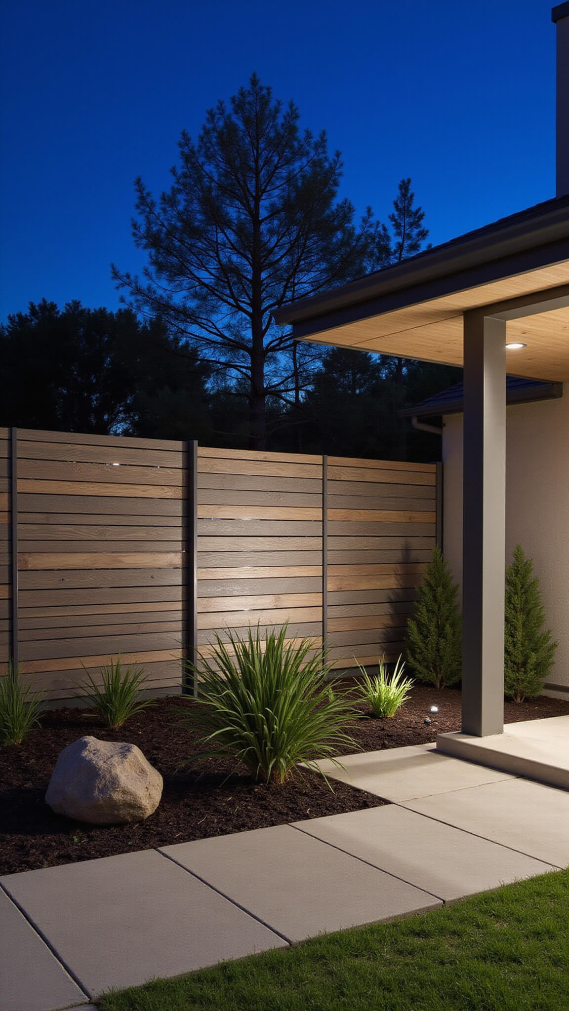 Ultra-modern backyard with geometric composite slat fence, sculptural plants, water feature, and twilight uplighting.