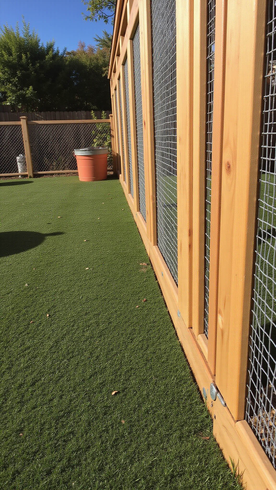 Dog-friendly backyard with a 6-foot wood and wire mesh fence, dig-proof edging, pet peek-holes, artificial turf, and play equipment under bright afternoon sun.