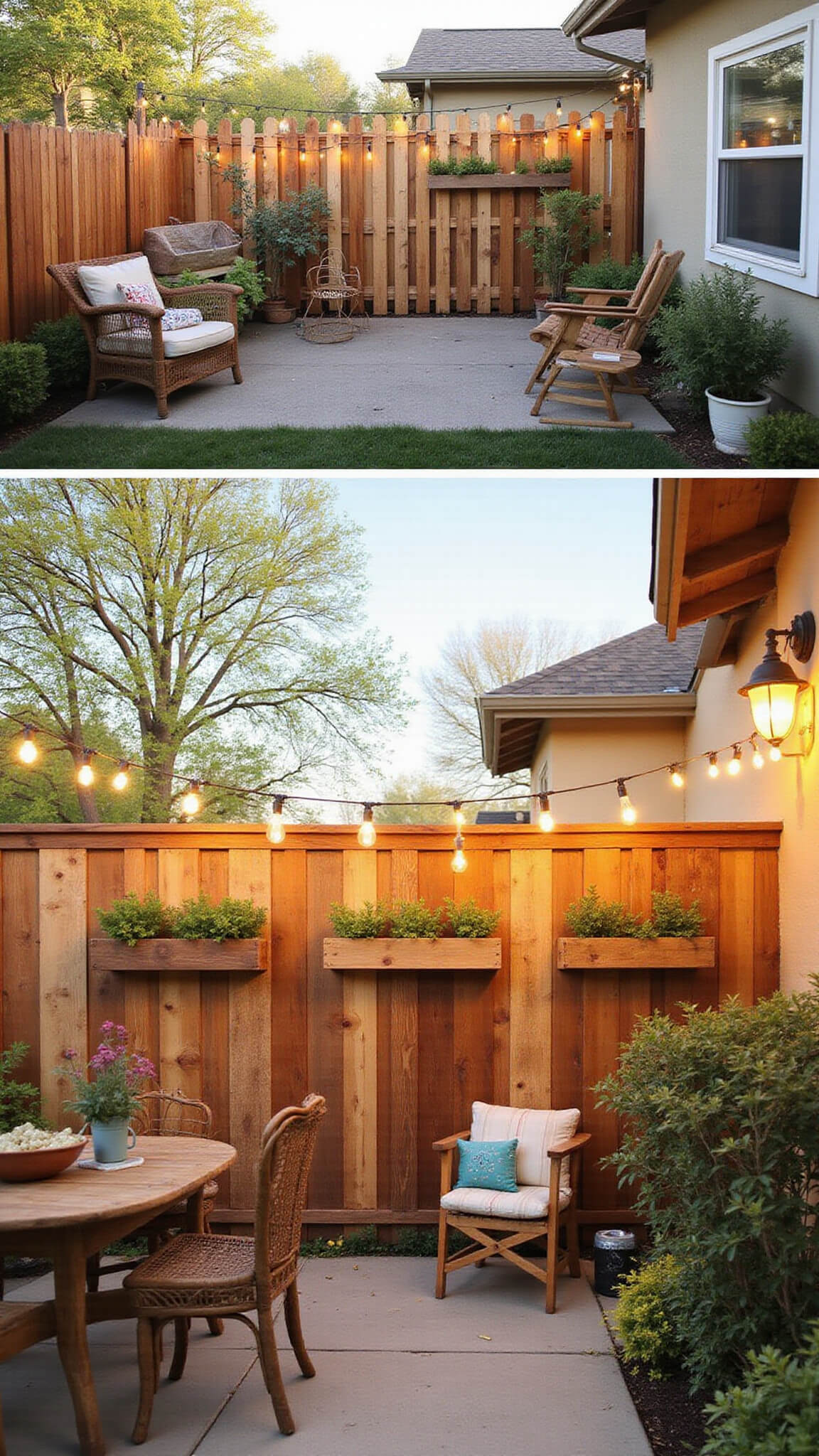 Backyard with 5-foot pallet fence stained in mixed wood tones, built-in herb and succulent planters, string lights overhead, upcycled boho furniture, and golden hour lighting.