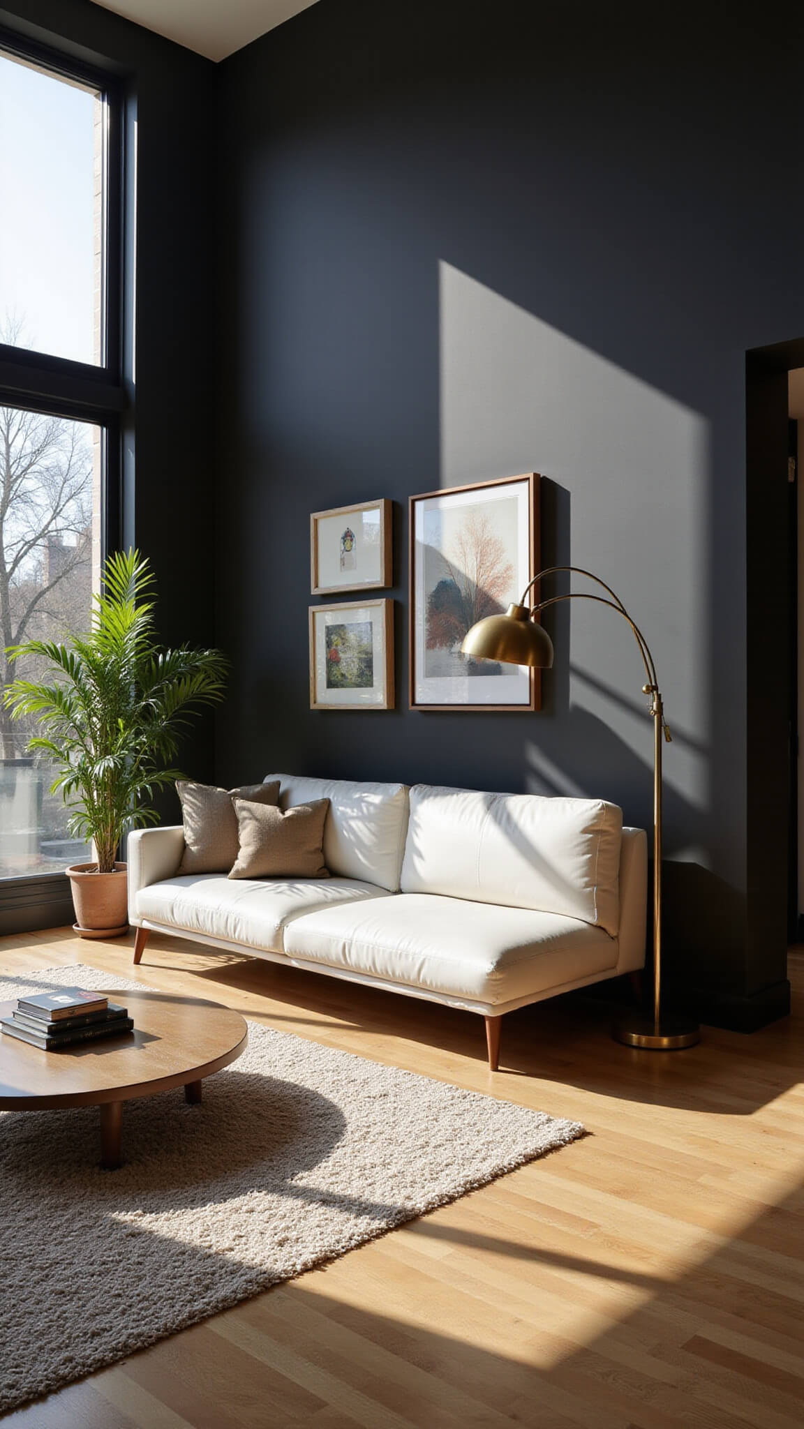 Modern living room with high ceilings, black accent wall, white leather sofa, wood floors, brass floor lamp, abstract art, and emerald green plants in soft afternoon light.