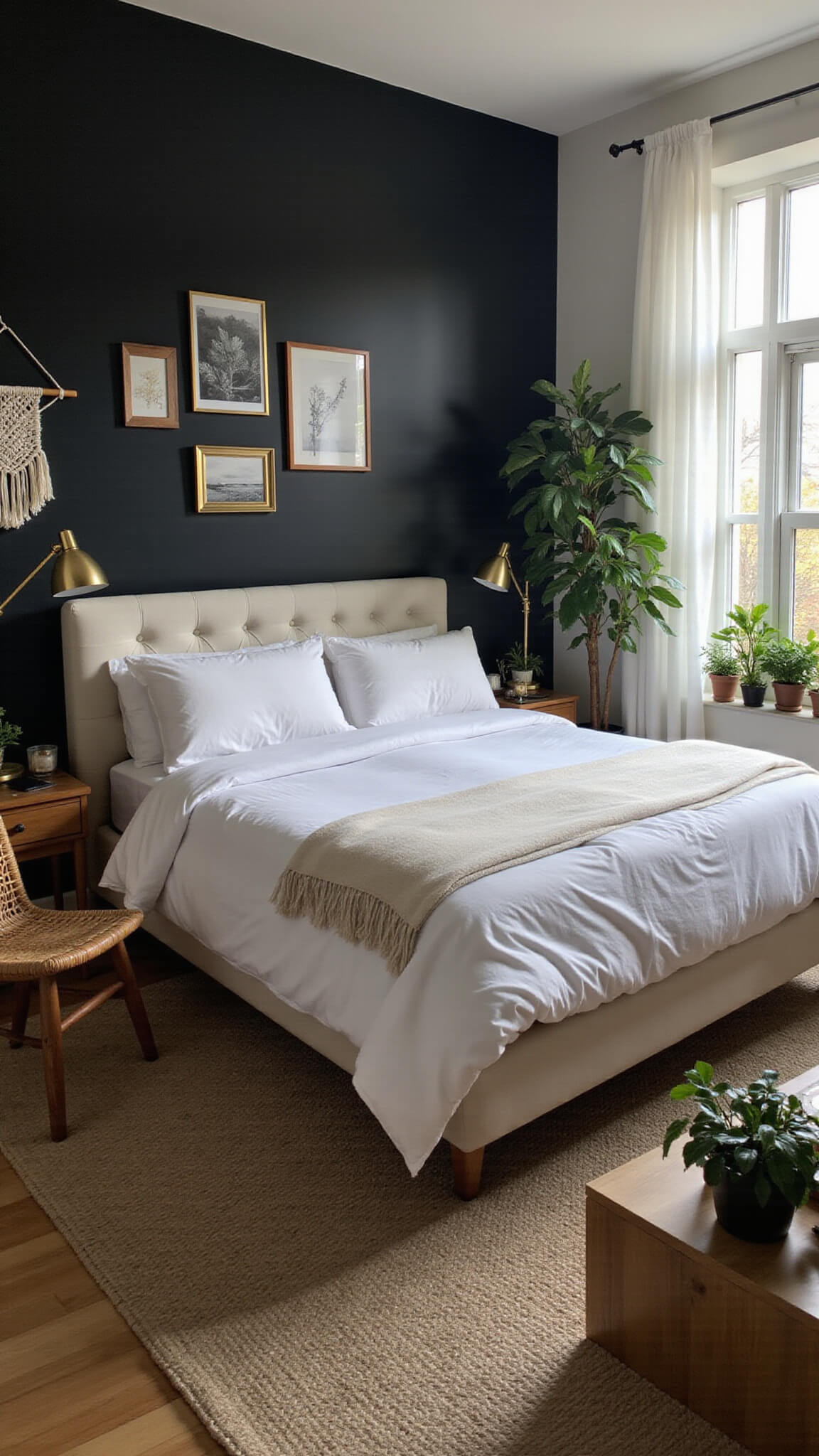 Cozy bohemian bedroom with black accent wall, king-size bed with white linens, brass accents, and morning light filtering through sheer curtains.
