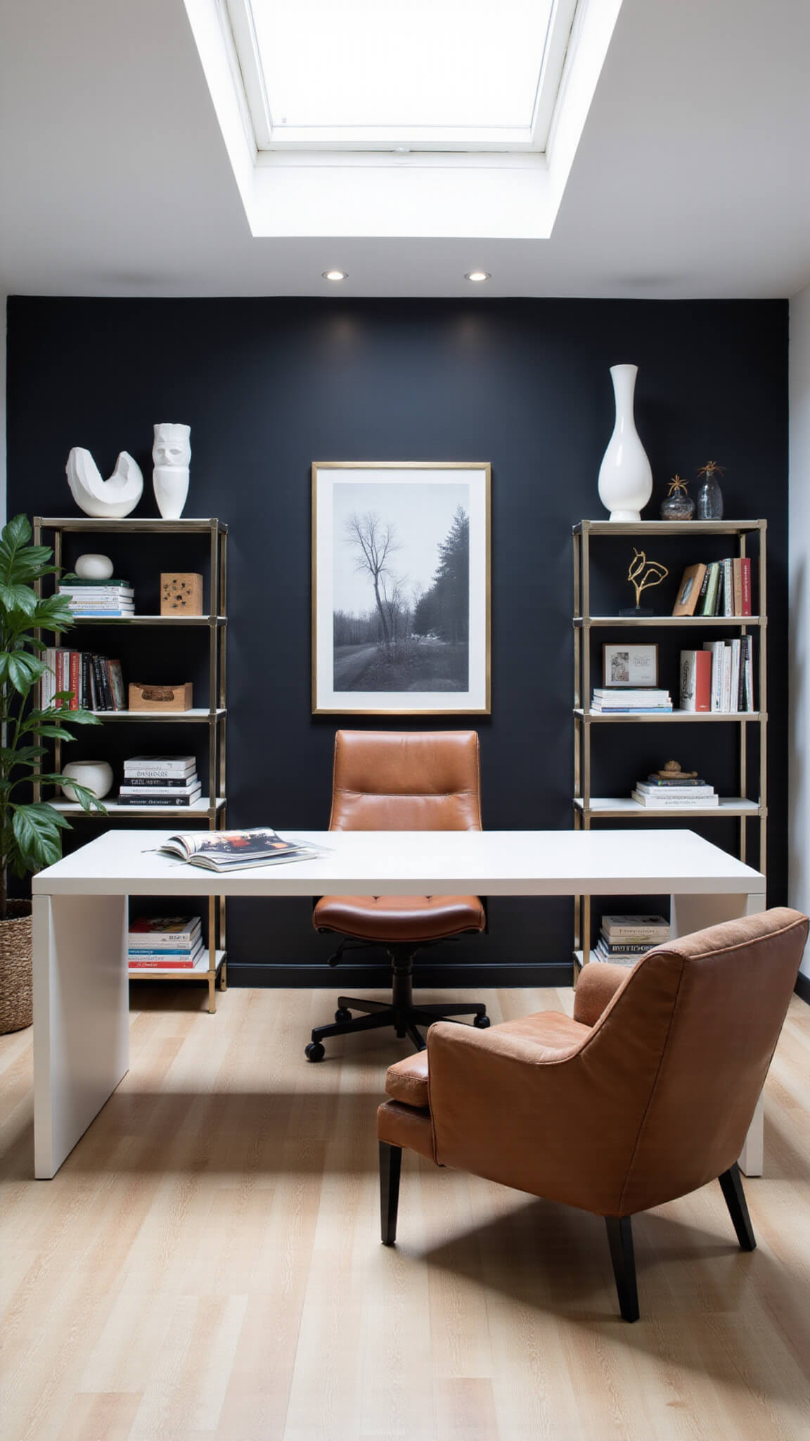 Chic 10x12 ft home office with black accent wall, white desk, industrial shelving, leather chair, velvet reading nook, and skylight lighting.
