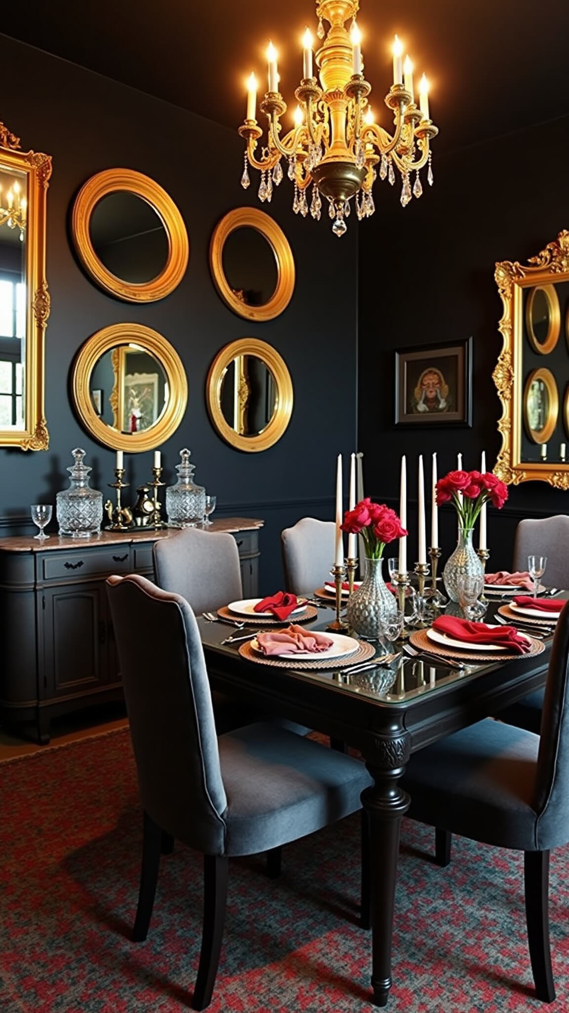 Glamorous dining room with black and gold decor, glass table, velvet chairs, chandelier glow, and vintage accents.