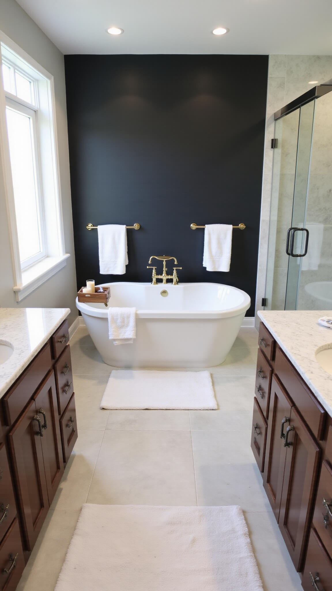Luxurious master bathroom with black accent wall, white freestanding tub, marble double vanity with gold fixtures, and soft ambient lighting.