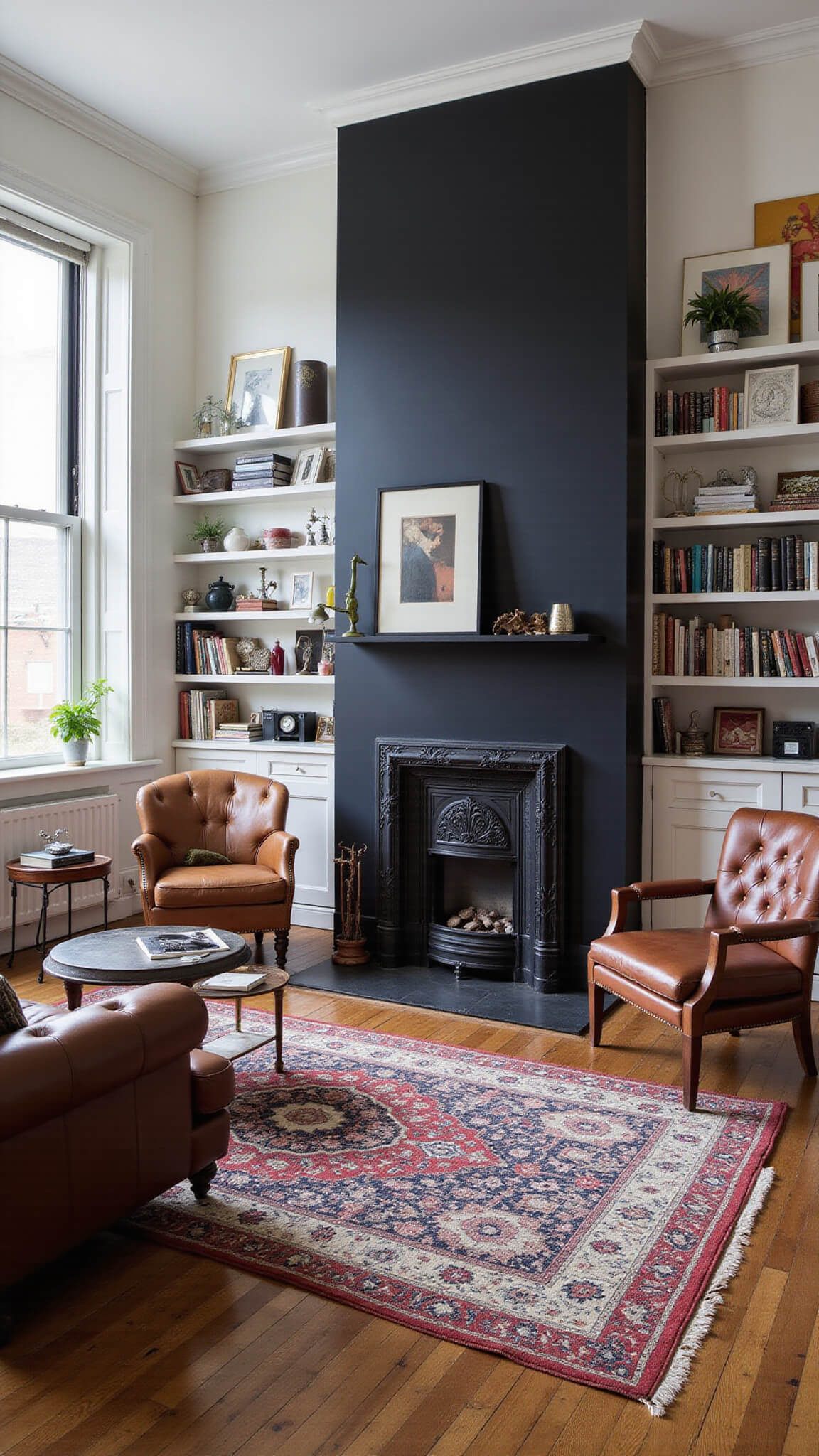 Eclectic 18x20 ft living room with black fireplace, vintage and modern furniture, gallery walls, floor-to-ceiling windows, and layered rugs in jewel tones and warm neutrals.
