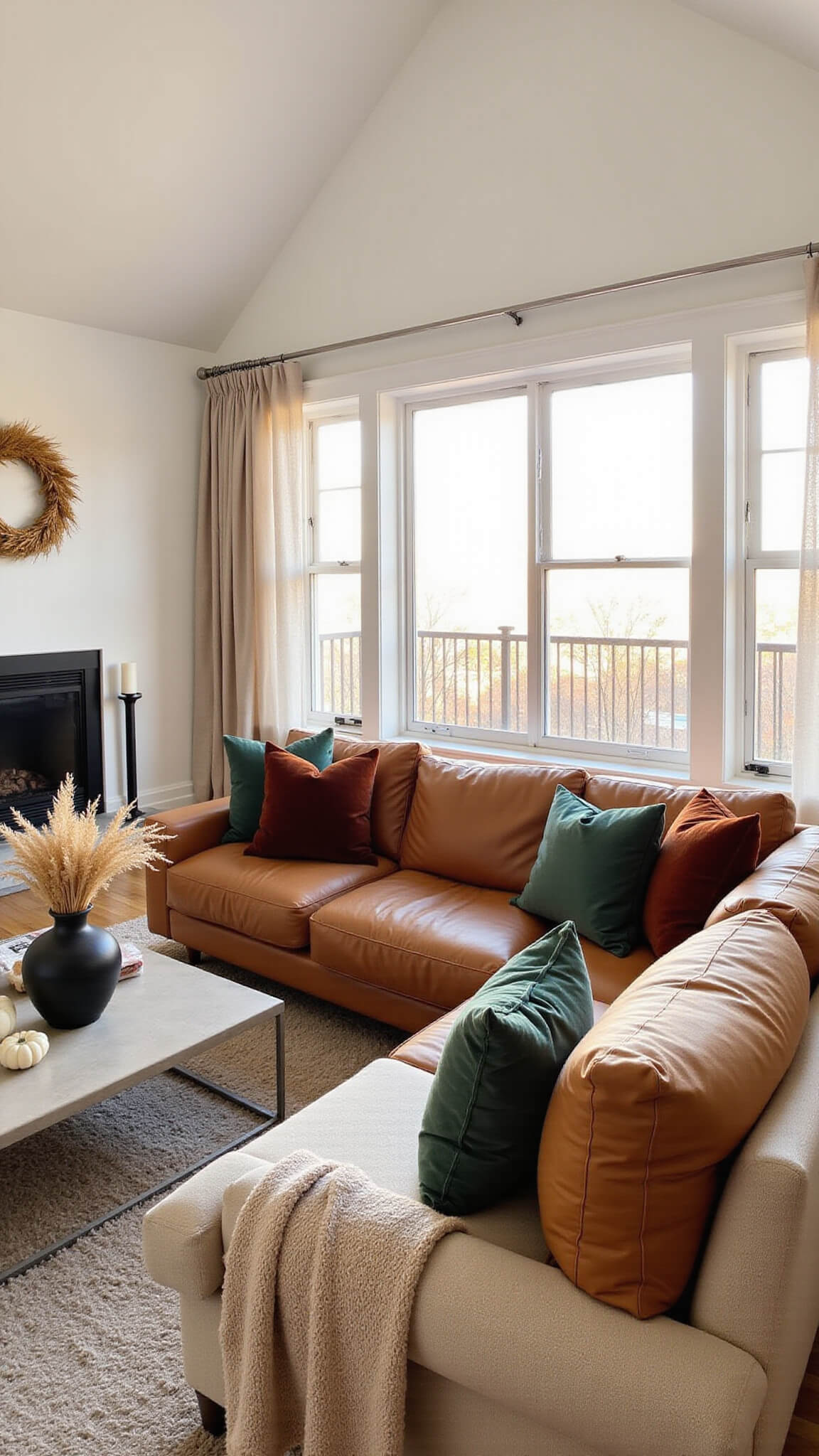 Cozy autumn-themed living room with leather sectional, velvet pillows, sheer curtains filtering golden light, and decorative pumpkins on a coffee table.