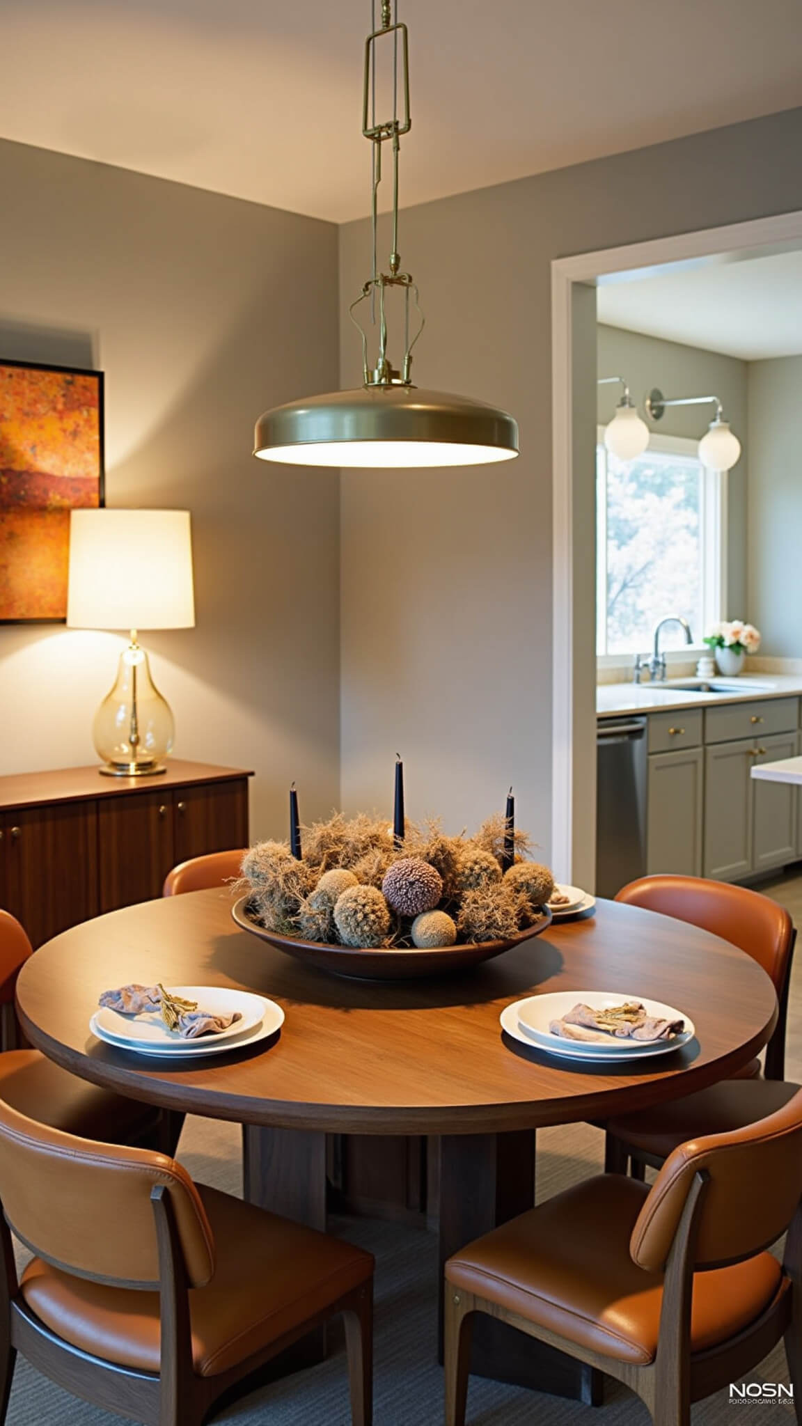 Close-up of a warm, intimate dining table with walnut round table, cognac leather chairs, dried botanical centerpiece, brass candle holders, and soft pendant lighting in a greige-toned room with abstract art.