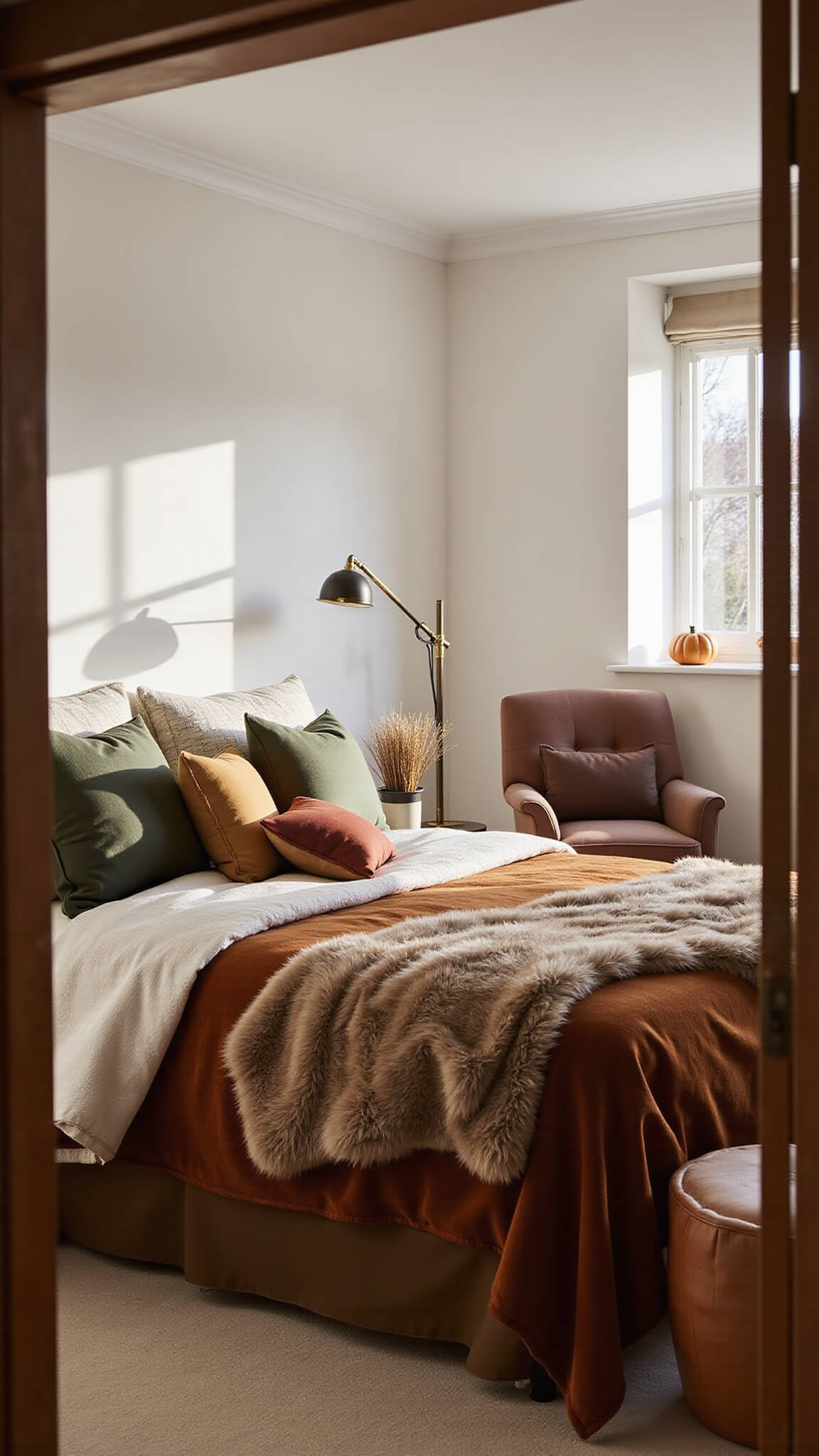 Cozy 10x12ft bedroom with a king-size bed in rich autumn tones, plush textures, and soft morning light, viewed from the doorway.