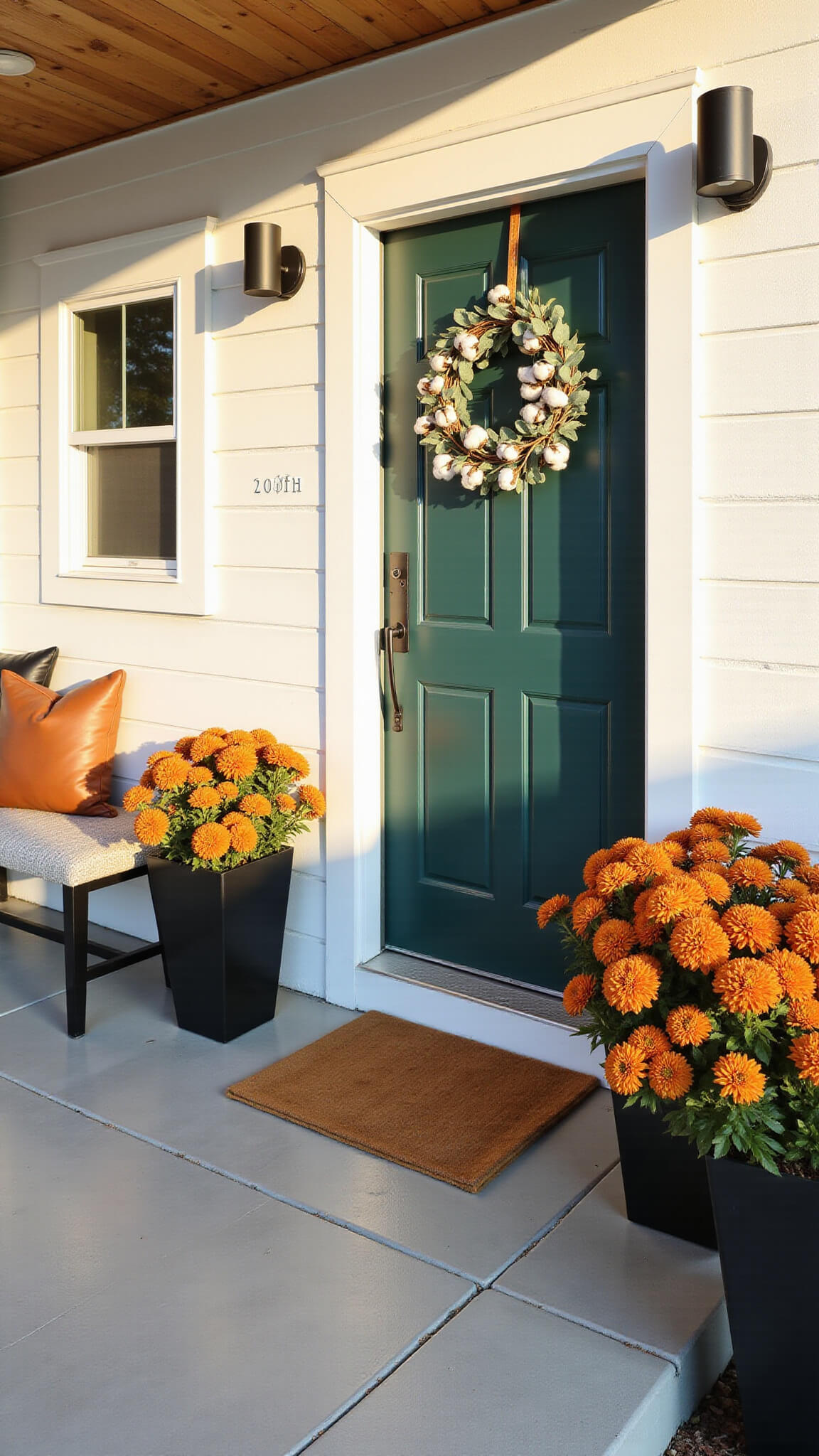 Modern farmhouse front porch with forest green door, asymmetrical eucalyptus wreath, rust-colored mums in black planters, leather-cushioned bench, and geometric tiled floor in fall lighting.