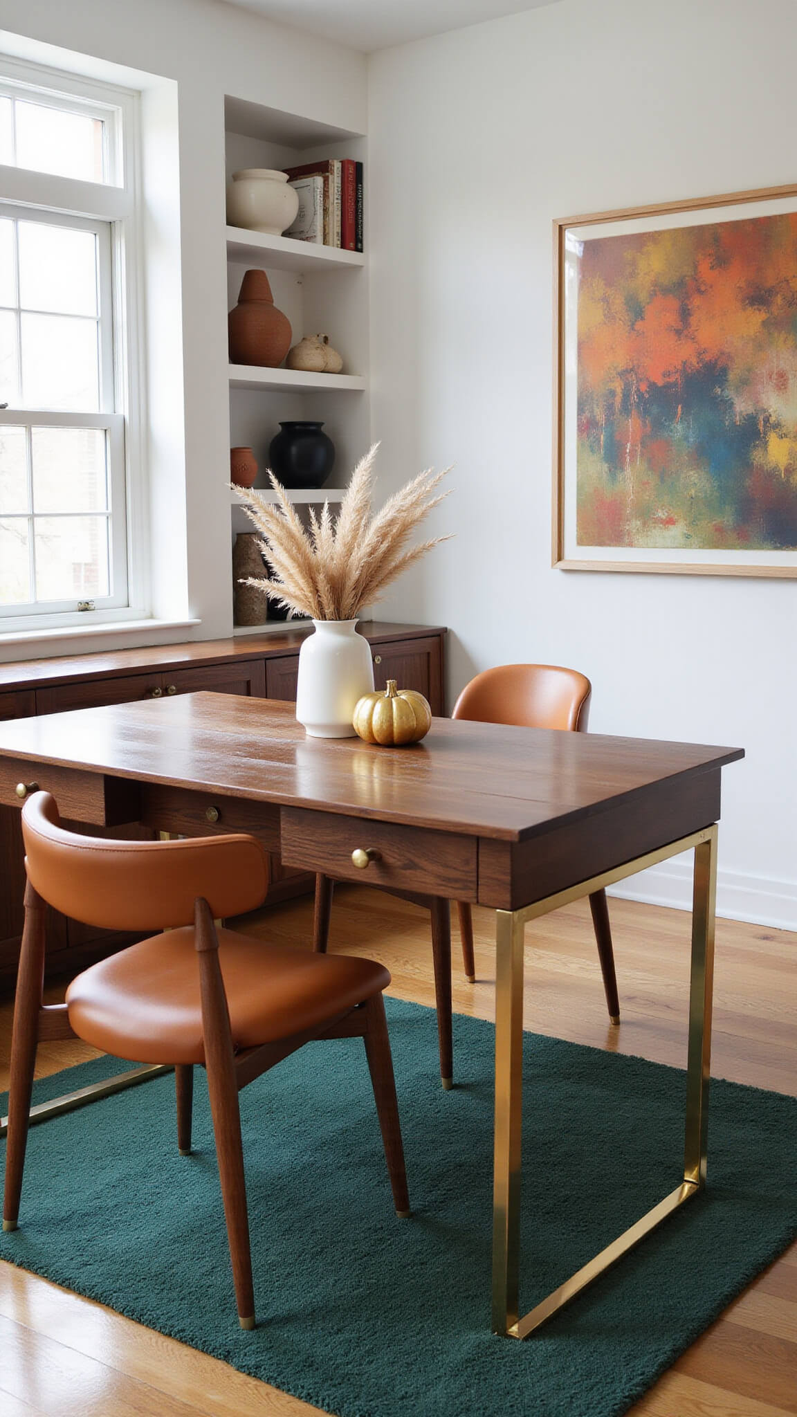 Stylish 14x16ft home office with floor-to-ceiling windows, a walnut and brass desk, cognac leather chair, autumnal decor, forest green rug, and abstract art on the walls.