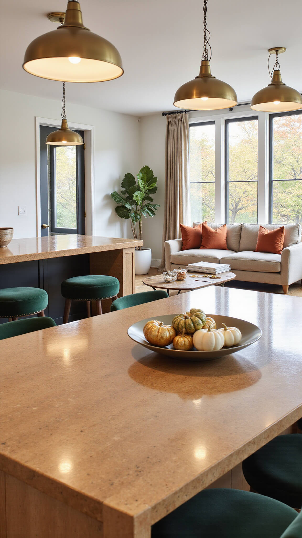 Open-concept kitchen and living area at golden hour with marble island, brass lighting, forest green bar stools, oatmeal sectional, fall-themed decor, and large windows showing autumn trees.