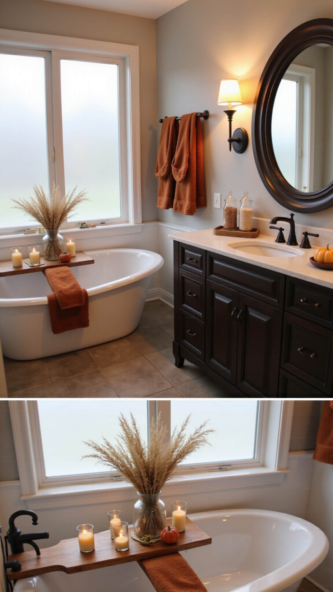 Close-up of a freestanding bathtub in a cozy fall-themed bathroom with candles, dried wheat, rust-colored towels, and warm evening lighting.
