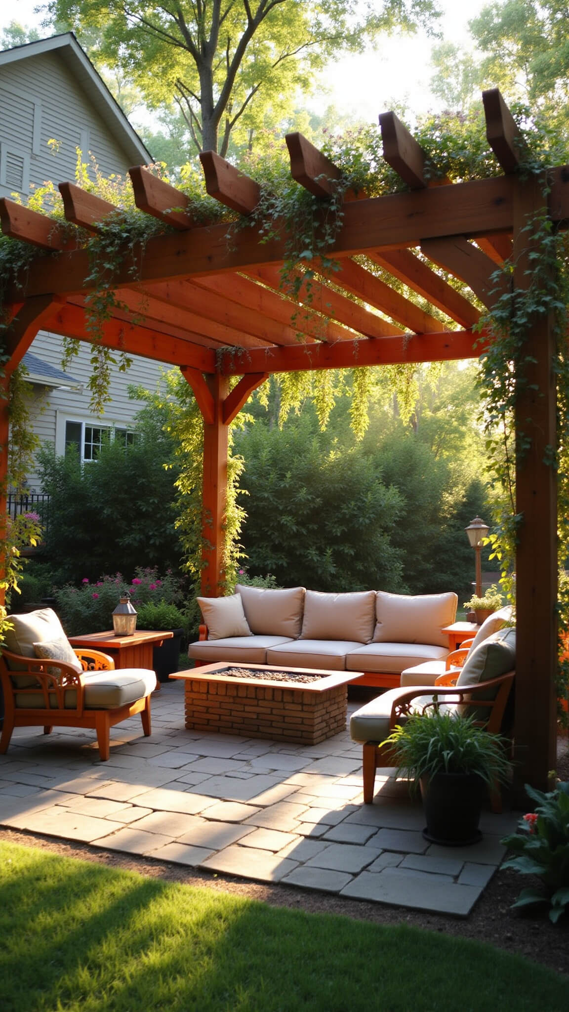 Backyard at golden hour with cedar pergola draped in flowers, stone patio, outdoor furniture, and fire pit under string lights.