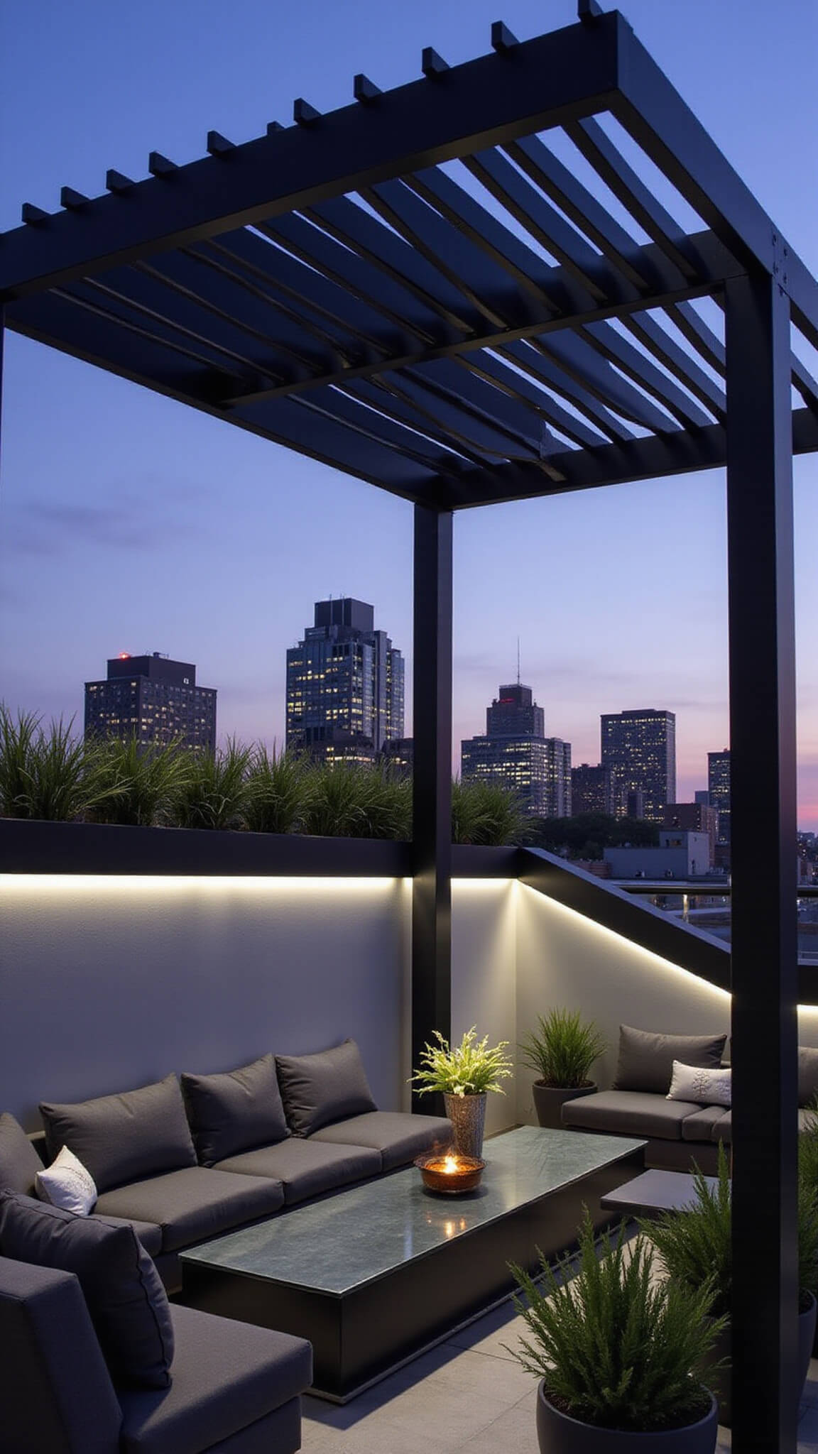 Low-angle view of a modern urban rooftop terrace at dusk with a black metal louvered pergola, minimalist gray furniture, and LED lighting against a city skyline.