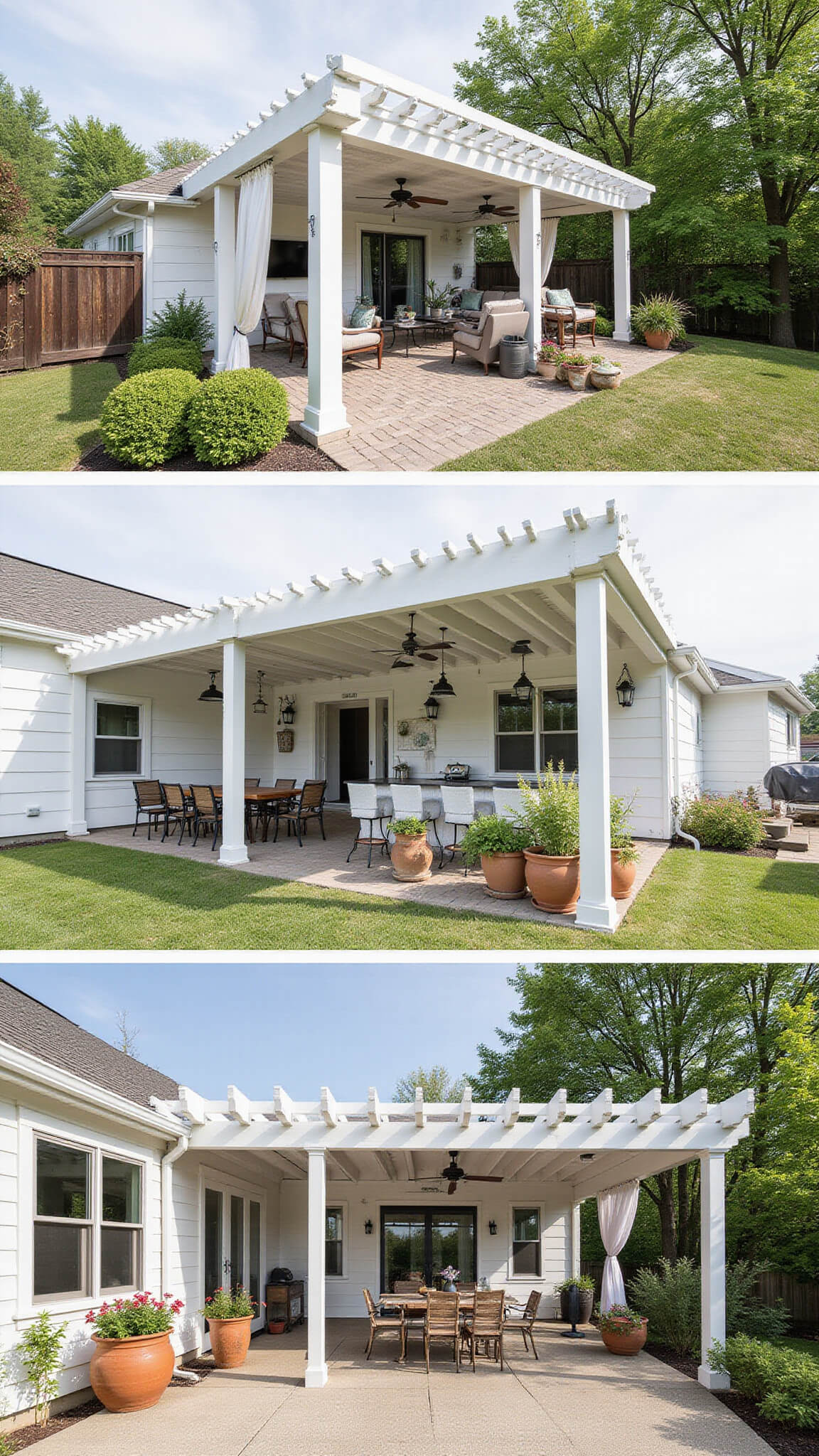 Modern farmhouse-style L-shaped pergola in a lush suburban backyard with outdoor kitchen, lounge area, pendant lights, white curtains, and potted plants.