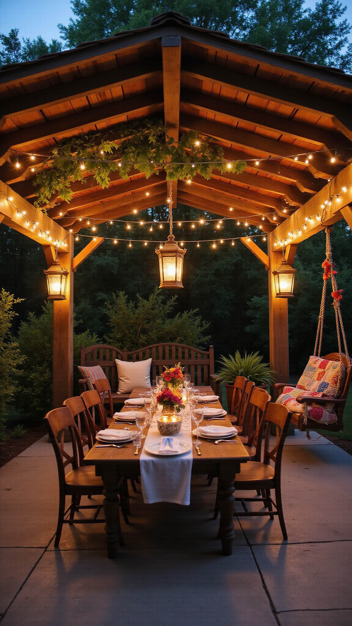 Close-up of a cozy twilight courtyard with a rustic wooden pergola draped in jasmine vines and fairy lights, featuring a farmhouse dining table set for dinner, surrounded by vintage chairs and lanterns.