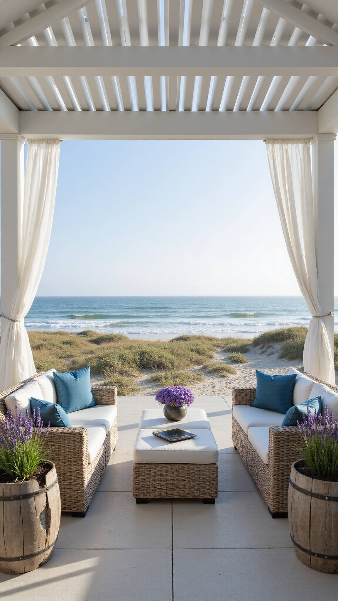 Modern beachfront patio at sunrise featuring a white louvered pergola, rattan furniture, billowing sheer curtains, and ocean view framed by sand dunes and soft morning light.