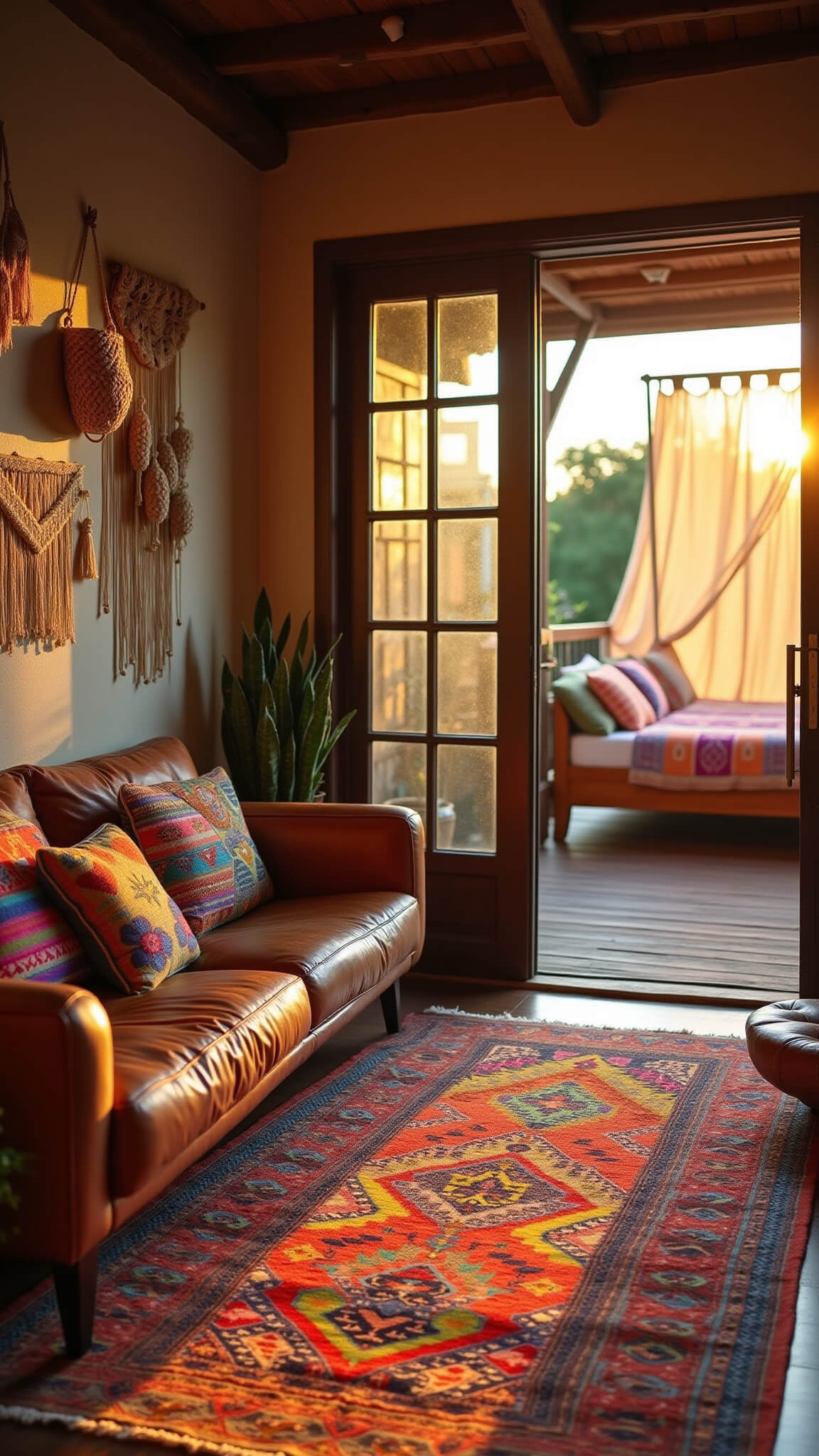 Bohemian guest house interior at golden hour with Kilim rug, low leather sofa with embroidered pillows, macramé décor, potted succulents, and a canopy bed in rich jewel tones.