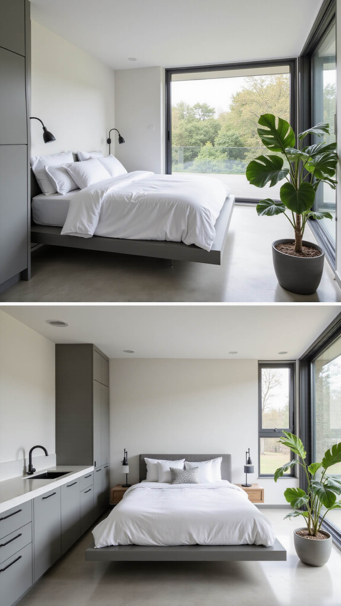 Modern minimalist guest house interior with floating bed, concrete floors, floor-to-ceiling windows, dove gray storage, matte black kitchenette, and potted fiddle leaf figs.