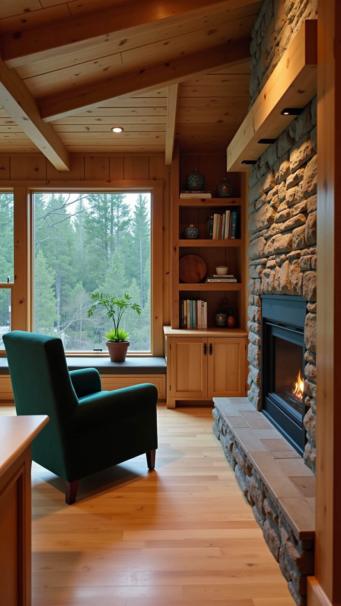 Cozy rustic guest house interior with stone fireplace, forest green armchair, wooden beams, and warm lighting on a rainy afternoon.