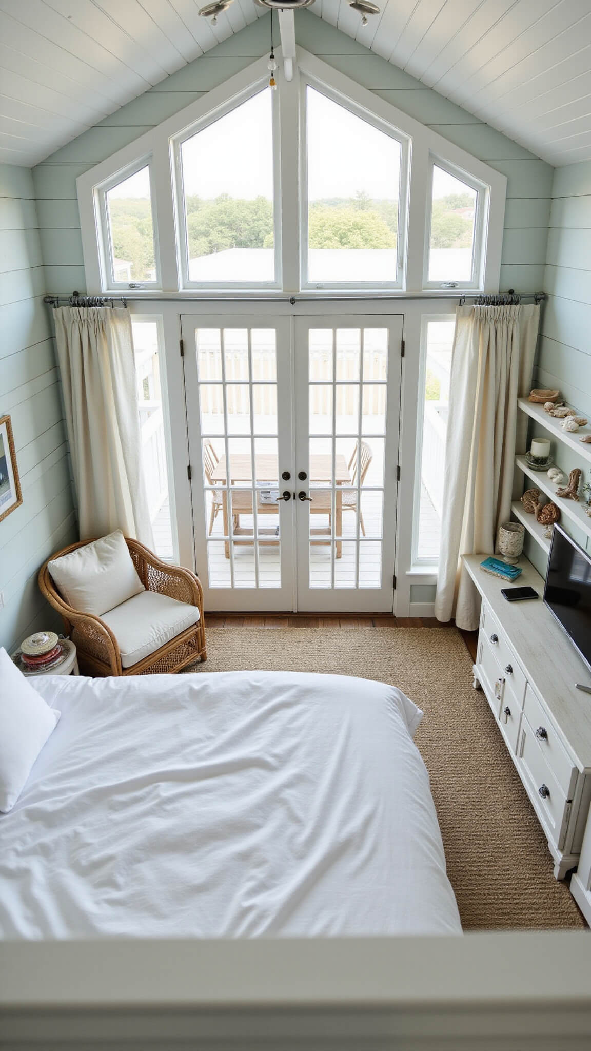 High-angle view of a cozy 250 sq ft coastal guest house with white shiplap walls, pale blue accents, rattan furniture, and a queen bed facing French doors opening to a small deck in soft morning light.