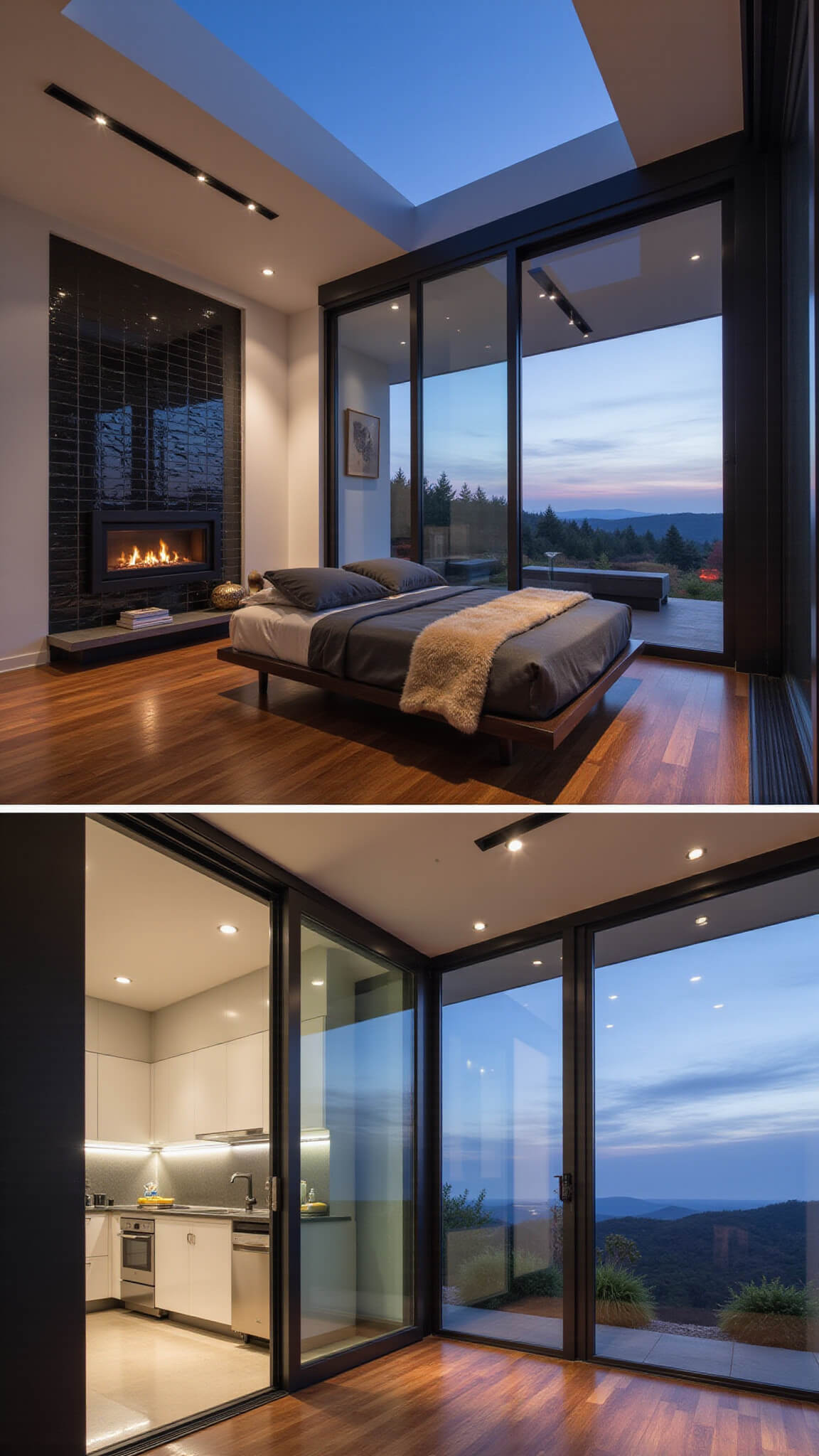 Wide-angle dusk view of a luxurious 500 sq ft modern guest house with open-plan layout, showcasing a kitchenette, living area, sleeping nook, floating black-tiled fireplace, walnut floors, floor-to-ceiling windows, and moody lighting.