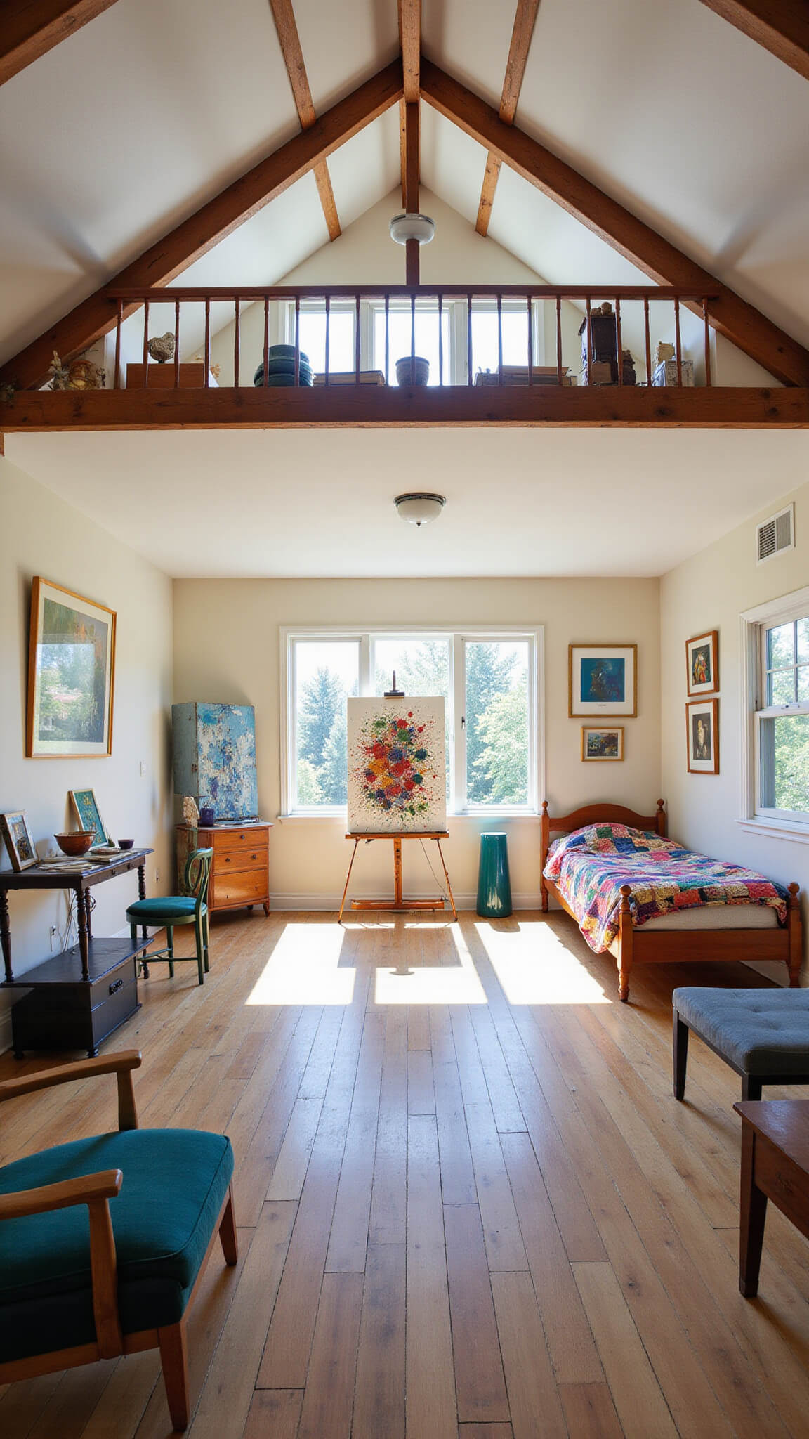 Cozy artist's retreat with vintage furniture, loft bed, and sunlit studio space featuring easel, exposed beams, and gallery walls.