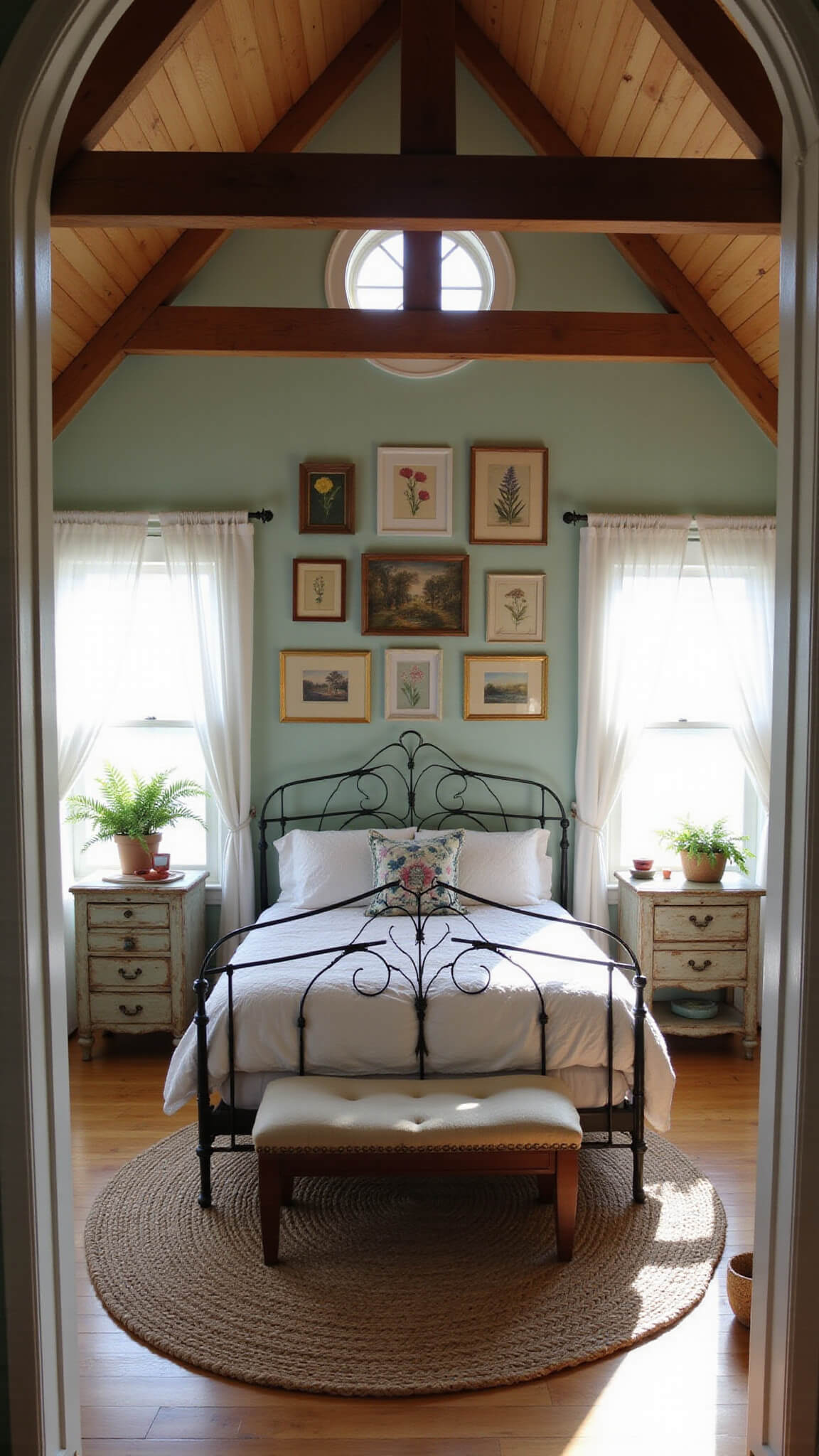 Cozy bedroom with slanted ceilings, exposed wooden beams, wrought iron bed, gallery wall of botanical art, and warm morning light filtering through sheer curtains.