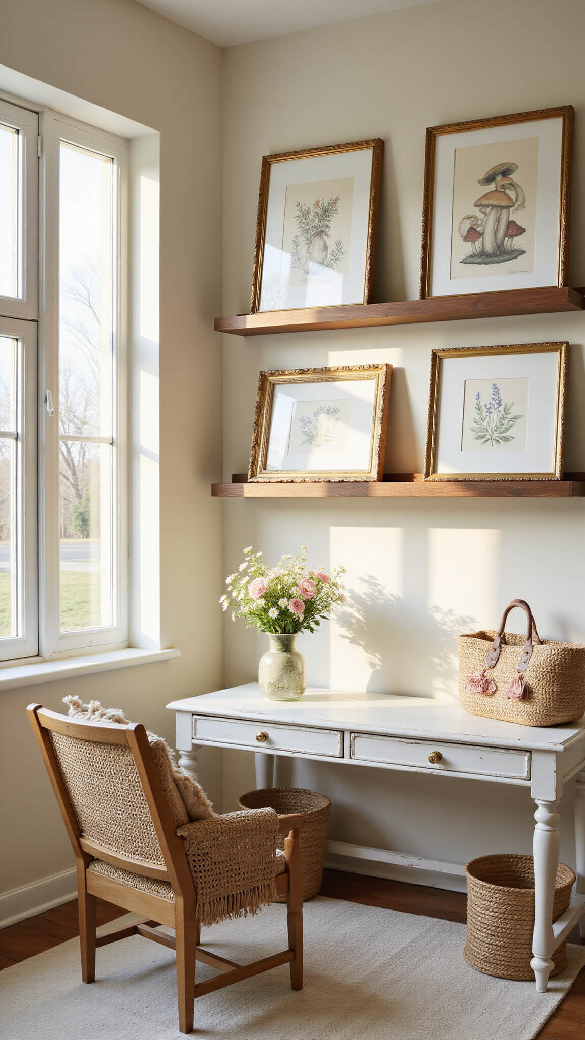 Bright home office nook in bay window with golden hour light, floating shelves displaying cottagecore art, white distressed desk with wildflowers, and vintage decor in cozy, whimsical setting.