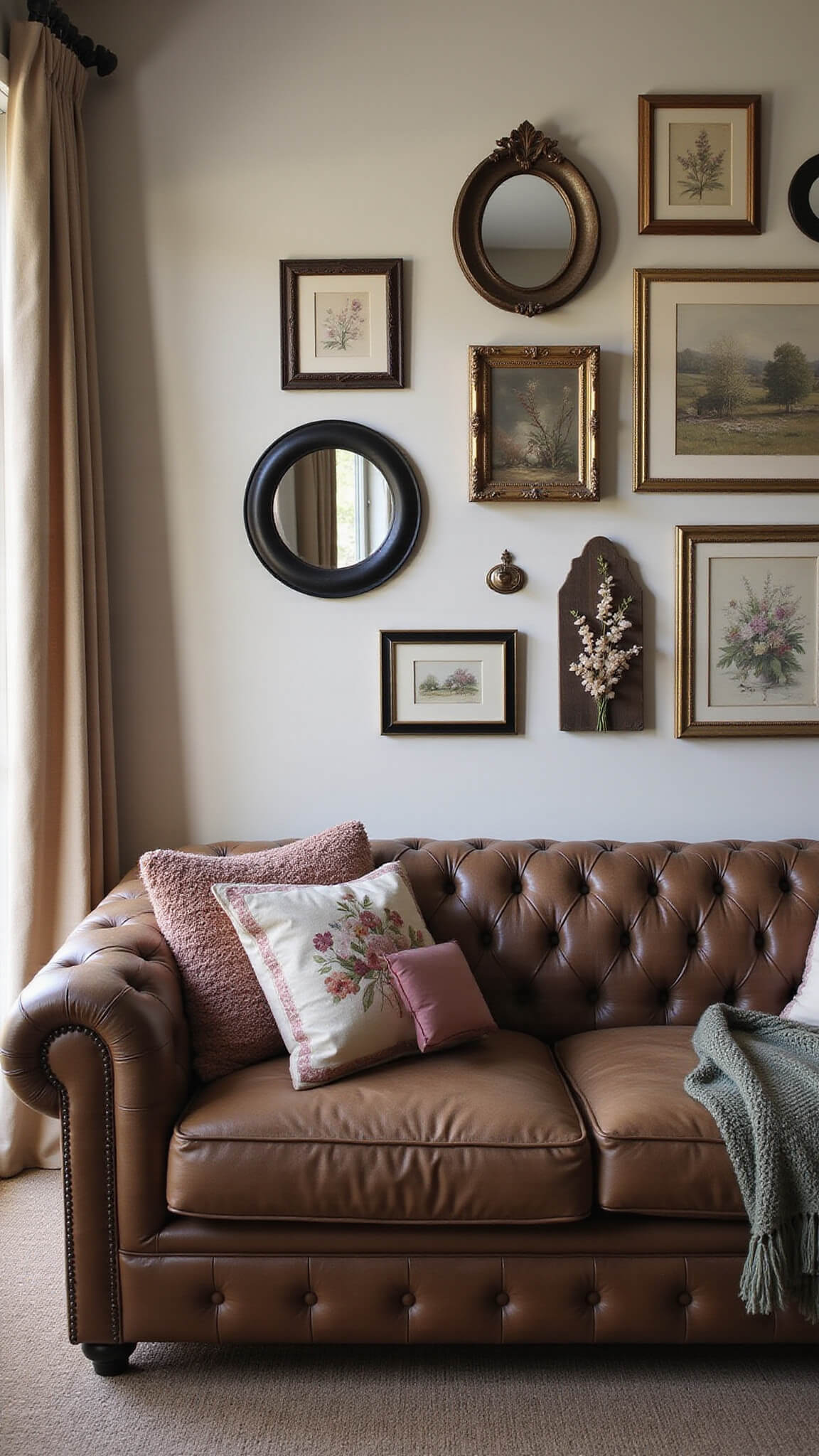 Cozy, high-ceilinged living room with stone fireplace, vintage gallery wall above a leather Chesterfield sofa, and warm dusk light filtering through gauzy curtains.
