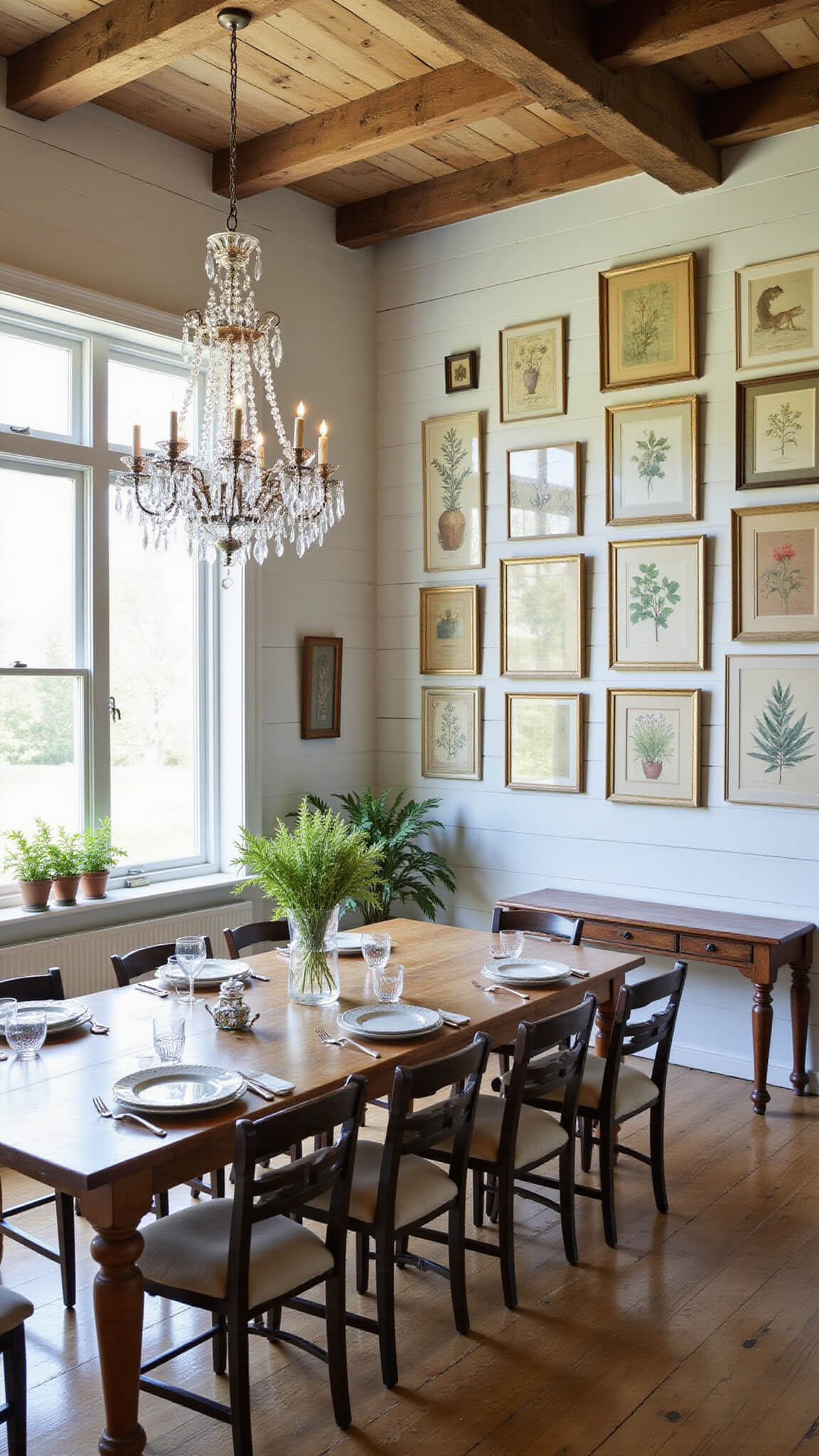 Rustic 14x16 ft dining room with whitewashed walls, wooden beams, large farmhouse table set with vintage china, a floor-to-ceiling cottagecore gallery wall, crystal chandelier, potted herbs, and natural morning light highlighting soft blue and green tones.