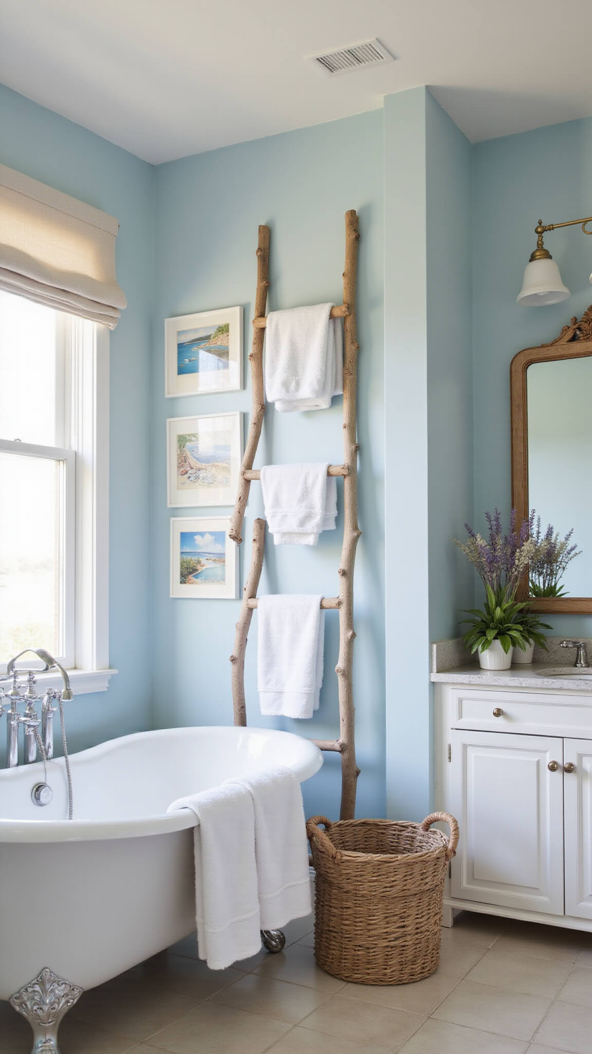 Serene master bathroom with clawfoot tub under picture window, cottagecore water-themed art on pale blue walls, and soft twilight lighting creating a spa-like atmosphere.