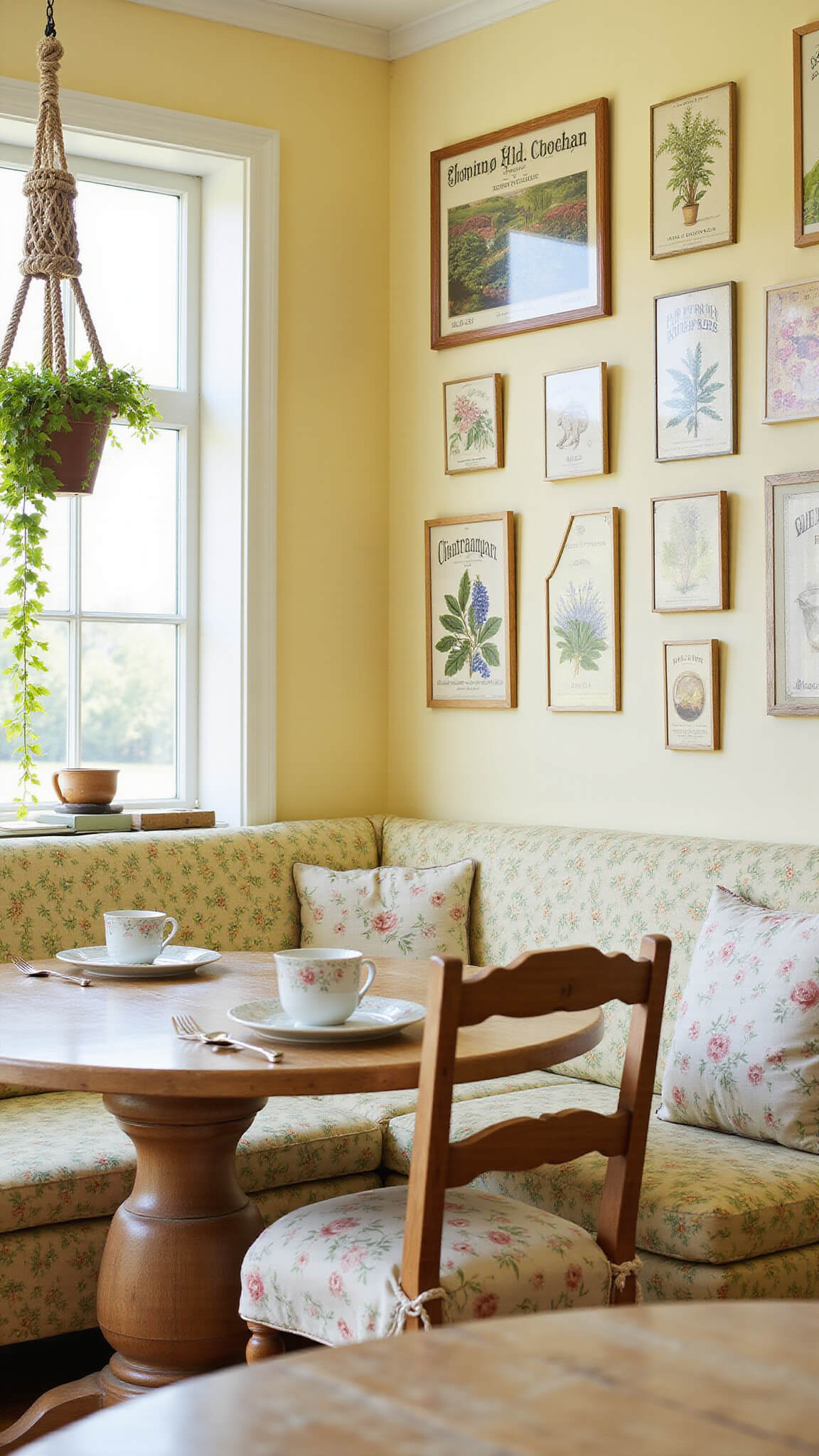 Close-up of whimsical cottagecore art on buttery yellow walls above a round breakfast table with mismatched chairs and floral cushions, bathed in bright morning light.