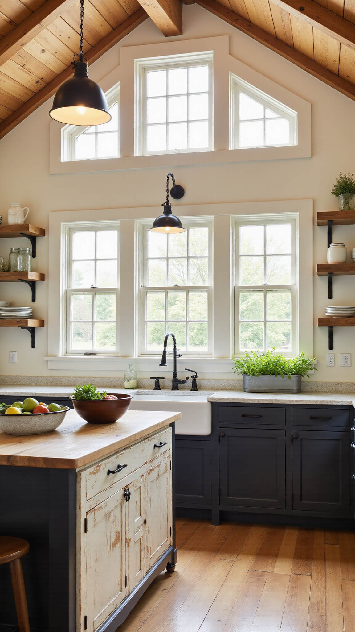 Sunlit farmhouse kitchen with high ceilings, exposed beams, vintage sink, black cabinets, wooden island, open shelving, and herb garden on the windowsill.