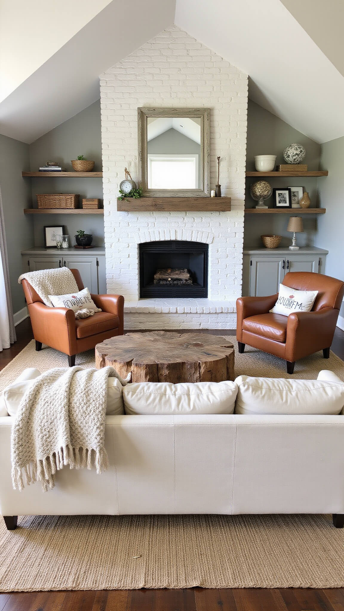 Cozy farmhouse living room with vaulted ceiling, stone fireplace, cream sofa, leather armchairs, and rustic decor bathed in soft morning light.