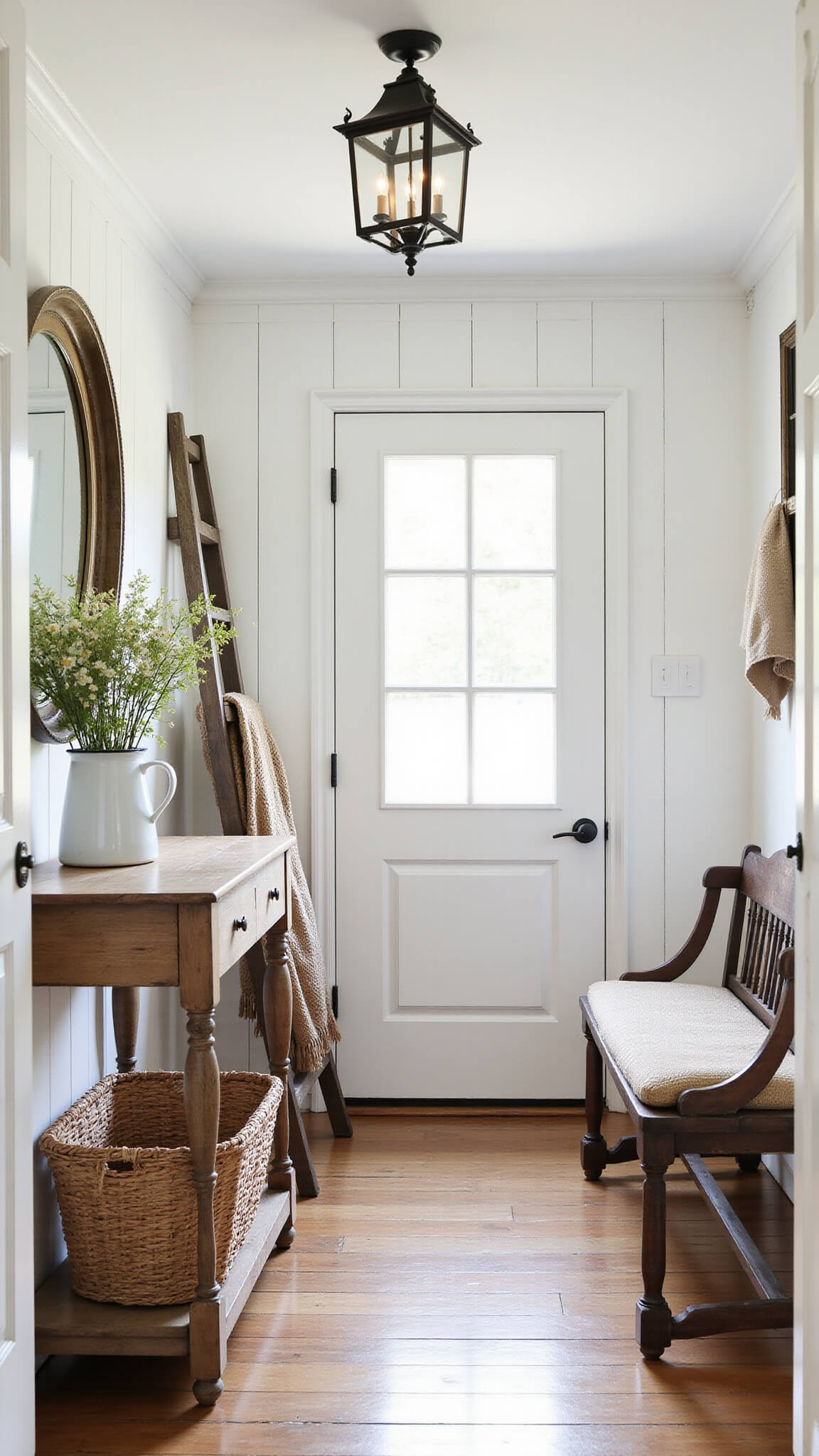 Low angle view of a cozy farmhouse entryway with white board and batten walls, reclaimed wood decor, vintage accents, and warm natural light.