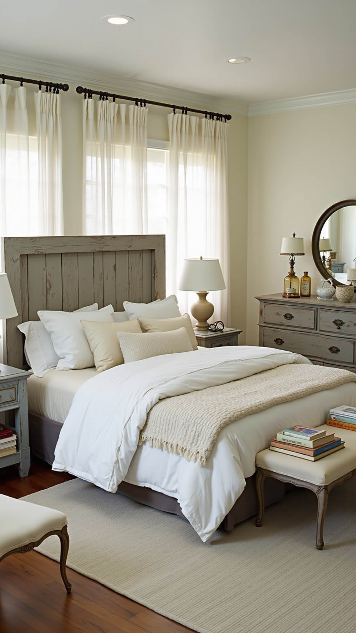 Serene farmhouse bedroom with king bed, vintage decor, soft linens, and morning light through sheer curtains.
