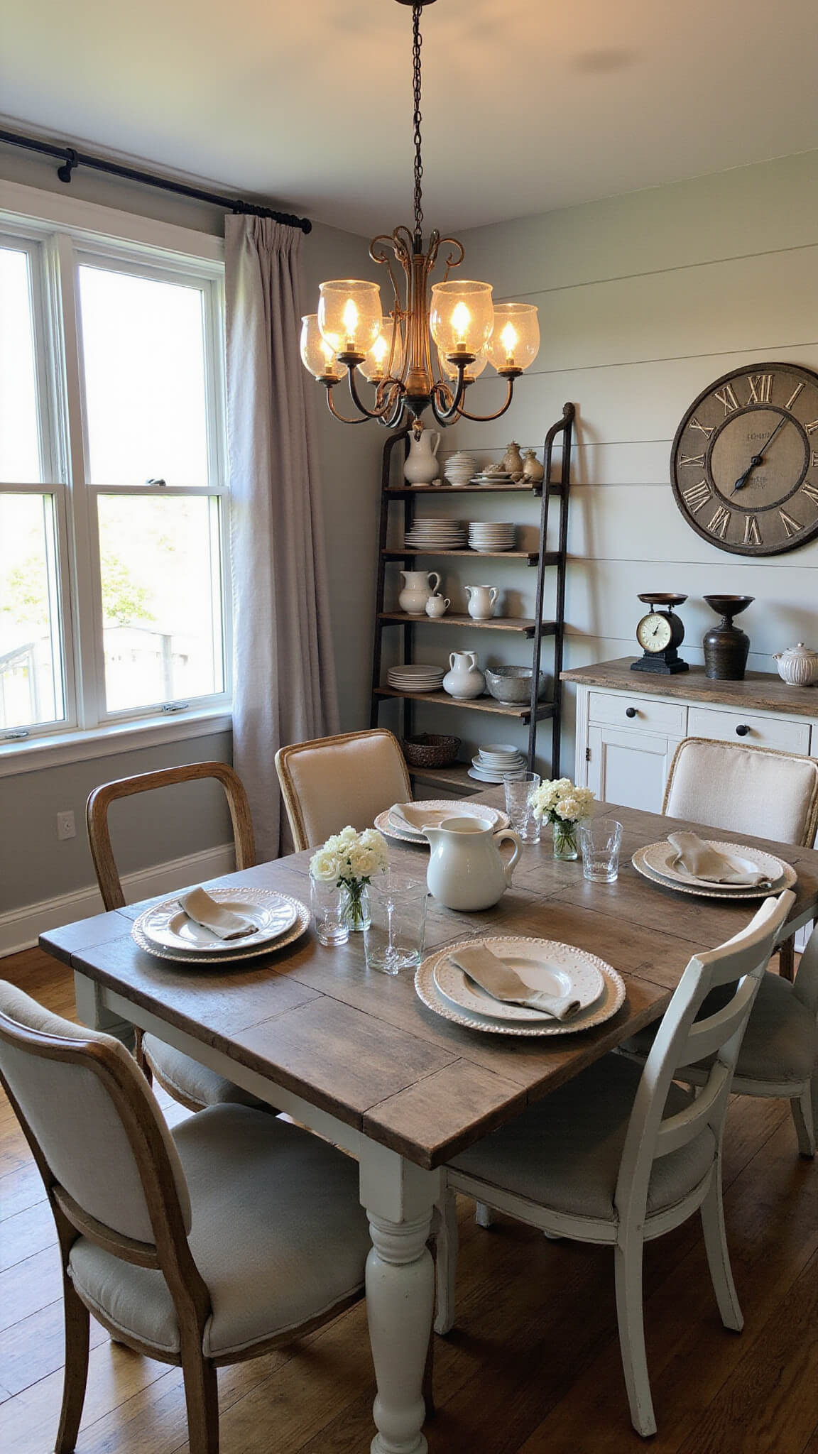 Rustic farmhouse dining room with reclaimed wood table, mismatched vintage chairs, warm gray shiplap walls, sunlight casting shadows, Edison bulb chandelier, vintage sideboard, open shelving with ironstone pitchers, and large wall clock centerpiece.