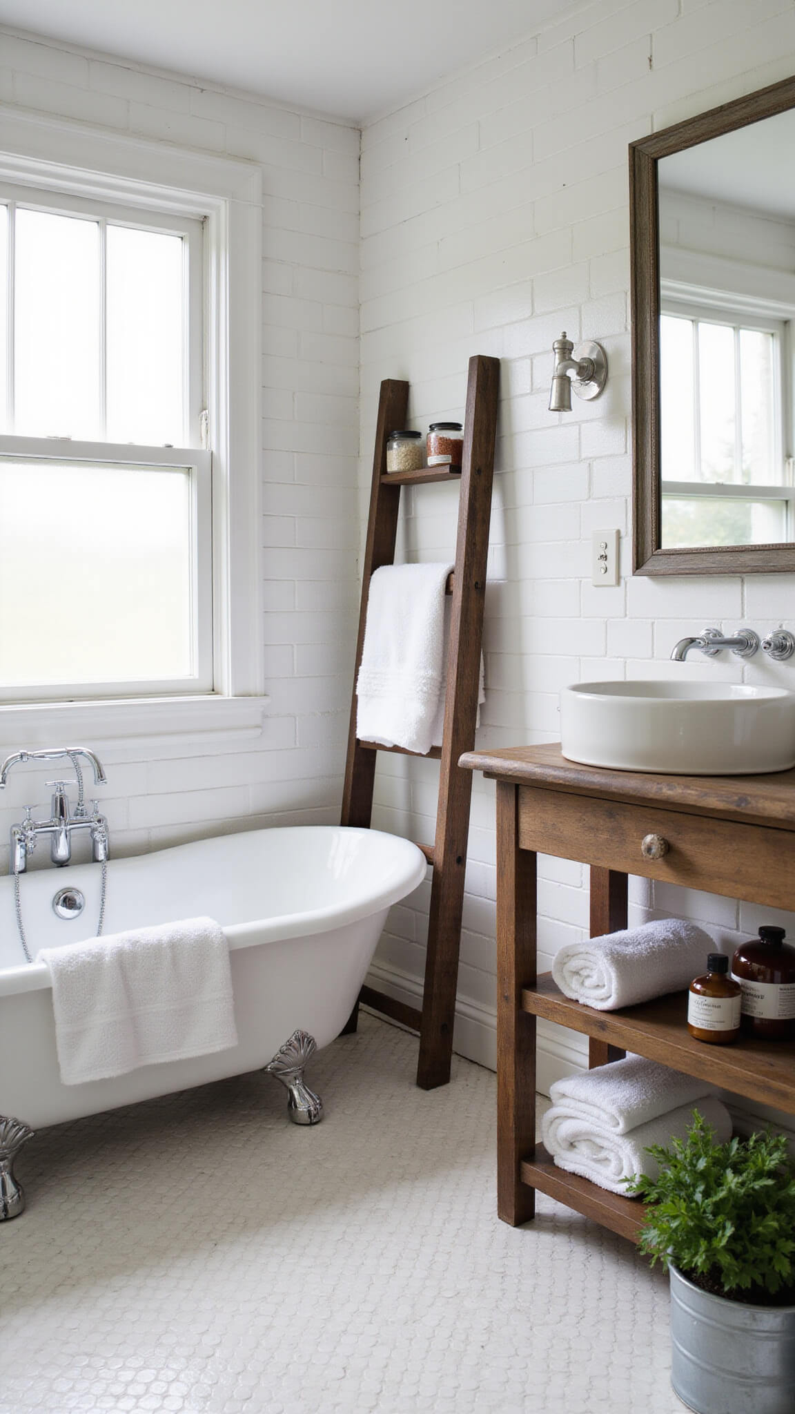 Farmhouse bathroom with claw-foot tub, subway tile walls, reclaimed wood vanity, open shelving, and penny tile flooring.