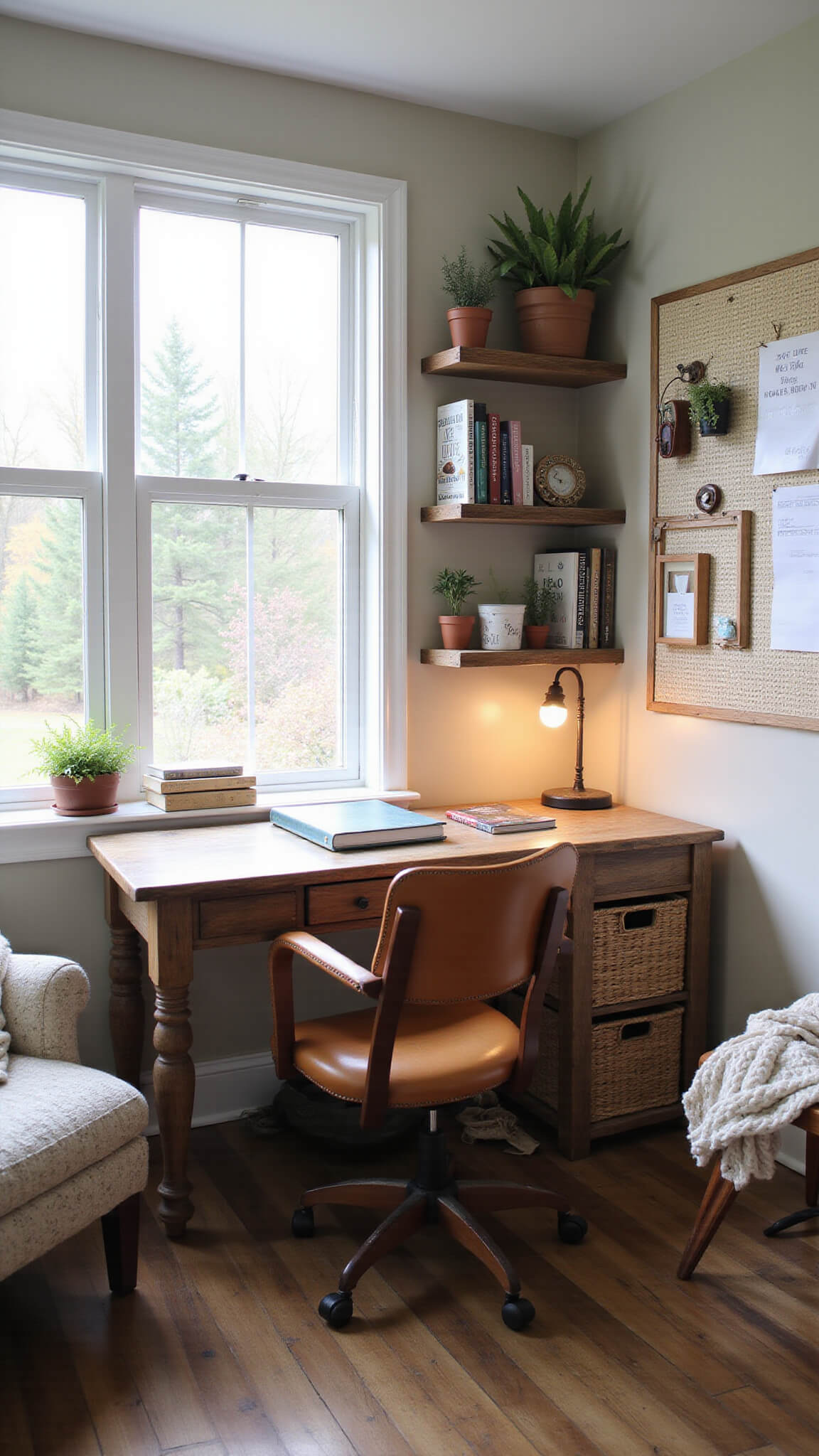 Cozy farmhouse home office nook with weathered wood desk, vintage leather chair, large window with garden view, shelves with books and plants, pegboard organizer, and a reading armchair with knit throw.