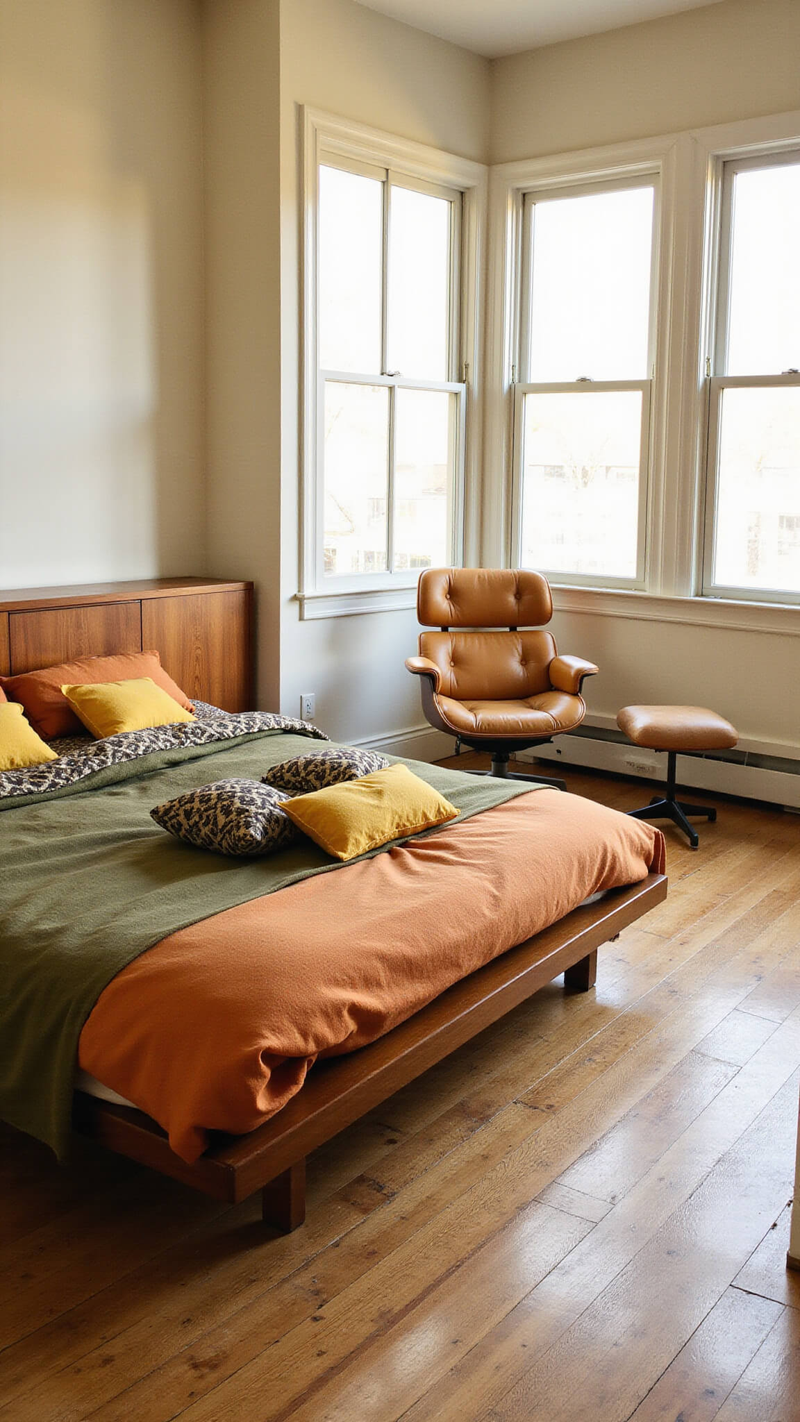 Mid-century modern bedroom with walnut platform bed, terracotta and olive linens, teak dresser, and Eames chair in warm afternoon light.
