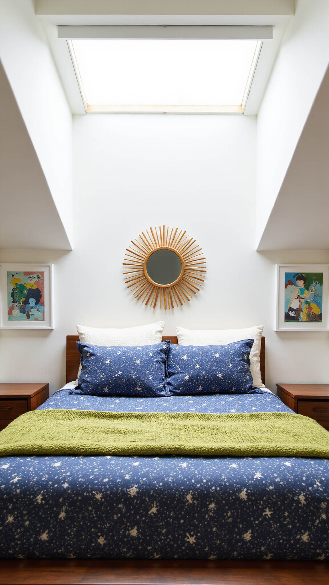 Mid-century style guest bedroom with queen bed in navy and cream starburst duvet, avocado green knit throw, walnut side tables, sunburst mirror, and abstract art under slanted ceilings with skylight.