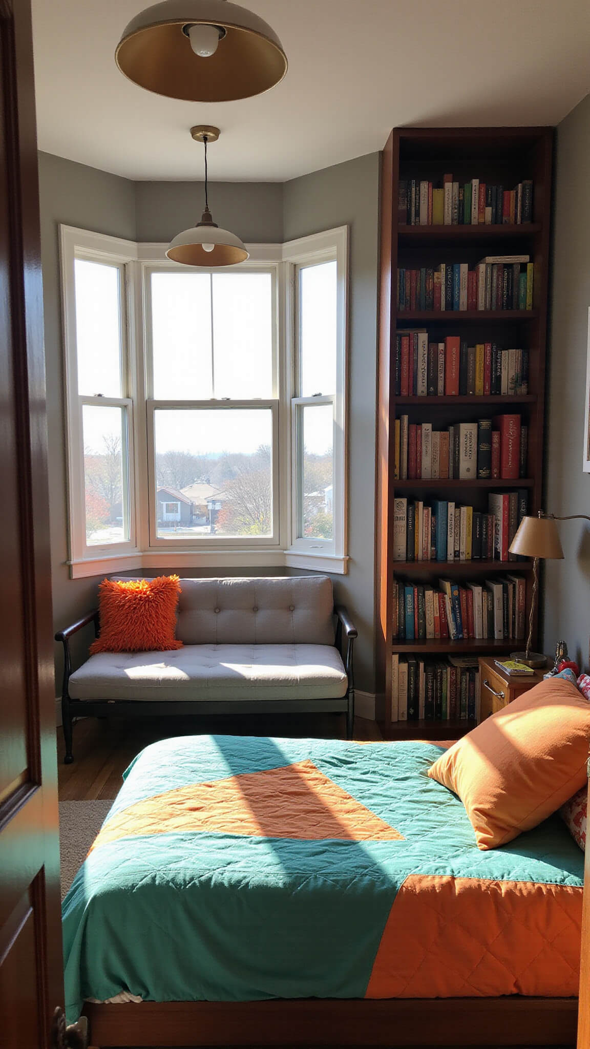 Teen bedroom with floor-to-ceiling bookshelves, bay window nook, teal and orange quilt, futon seating, and mid-century inspired pendant lights.