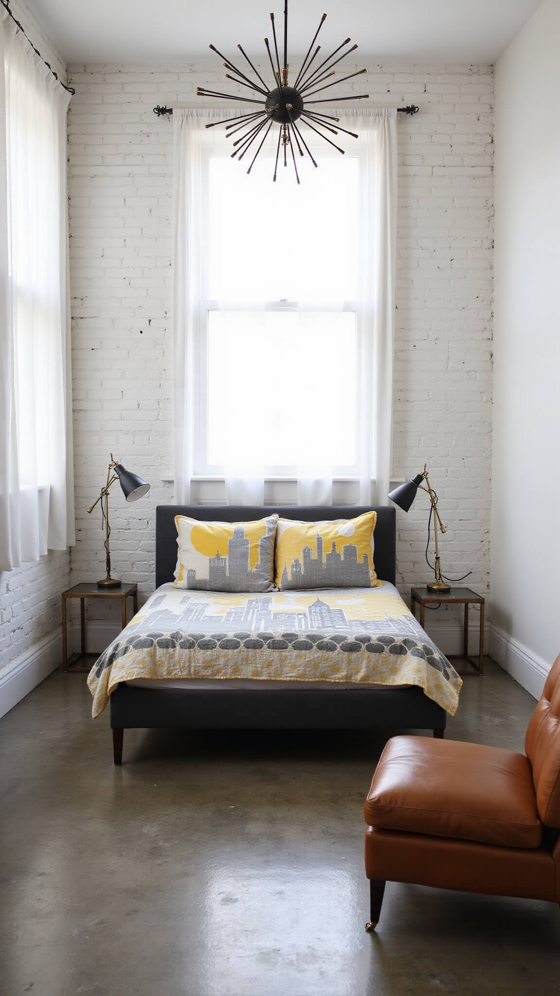 Mid-century modern guest room with whitewashed brick walls, concrete floors, Atomic Ranch quilt, Sputnik chandelier, and vintage leather armchair.