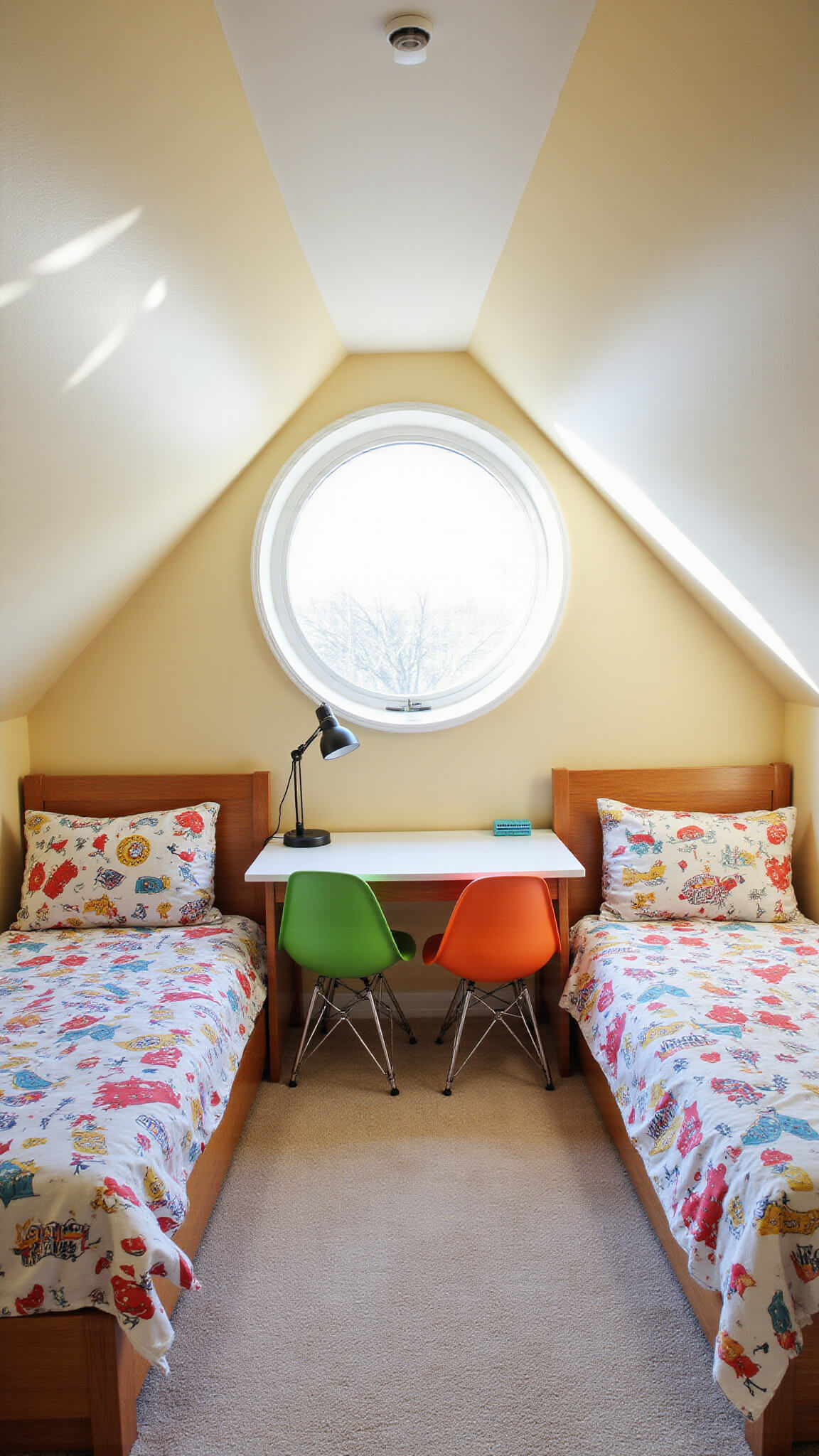 Children's bedroom with sloped ceilings, twin beds in mid-century modern space-themed bedding, colorful Eames-style chairs at a shared desk, and sunlight casting playful shadows through a large circular window.