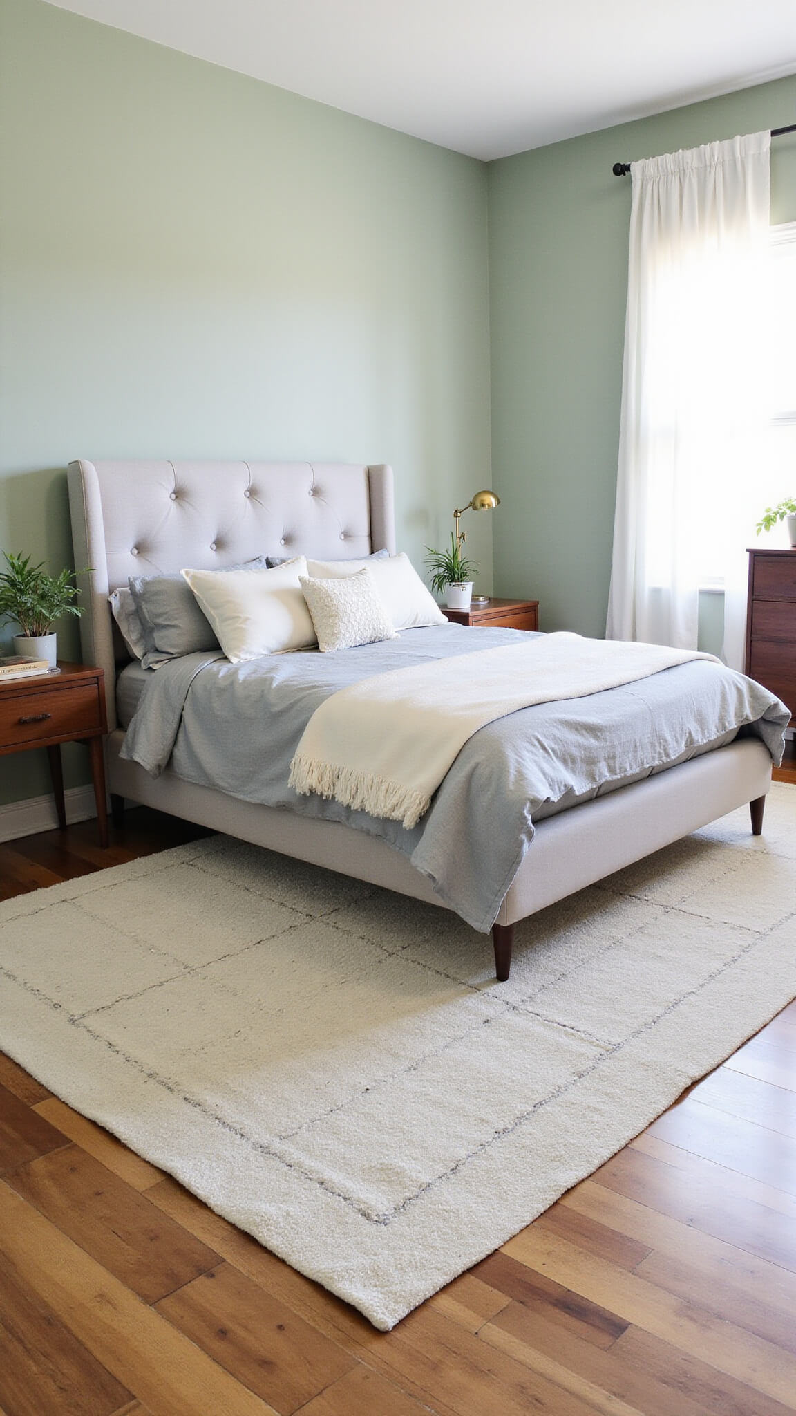 Low-angle view of a mid-century modern sage green bedroom with a tufted grey king bed, walnut furniture, brass accents, and soft natural light.