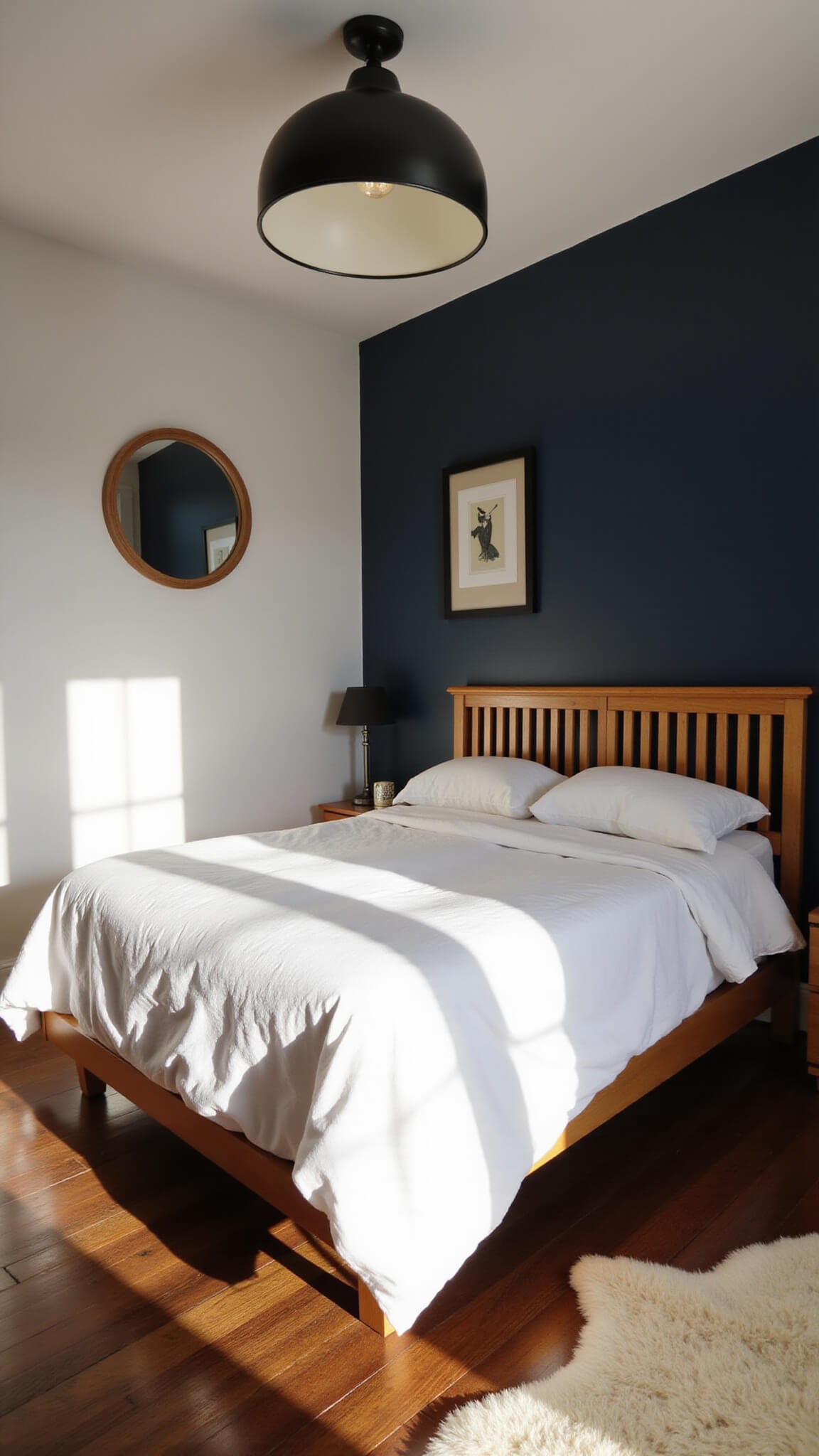 Cozy 10x12 bedroom with sunset lighting, oak mid-century modern king bed, white bedding, navy accent wall, pendant light, minimalist decor, and sheepskin rug.